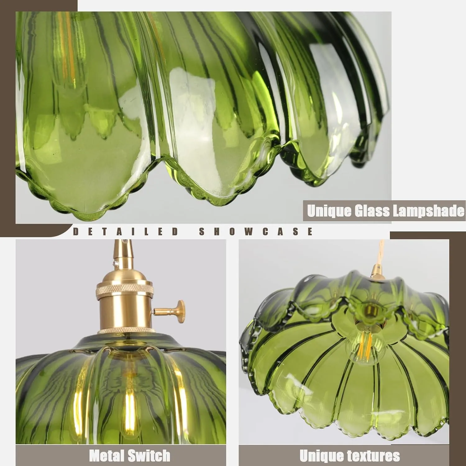 Pendant Lights Kitchen Island,Green Glass Pendant Light Vintage Light Fixtures,9.8inch E26 Contains one 3000K Bulb,Flower Finish Ceiling Hanging Lamp for Bedroom Living Room Hallway 1 Light