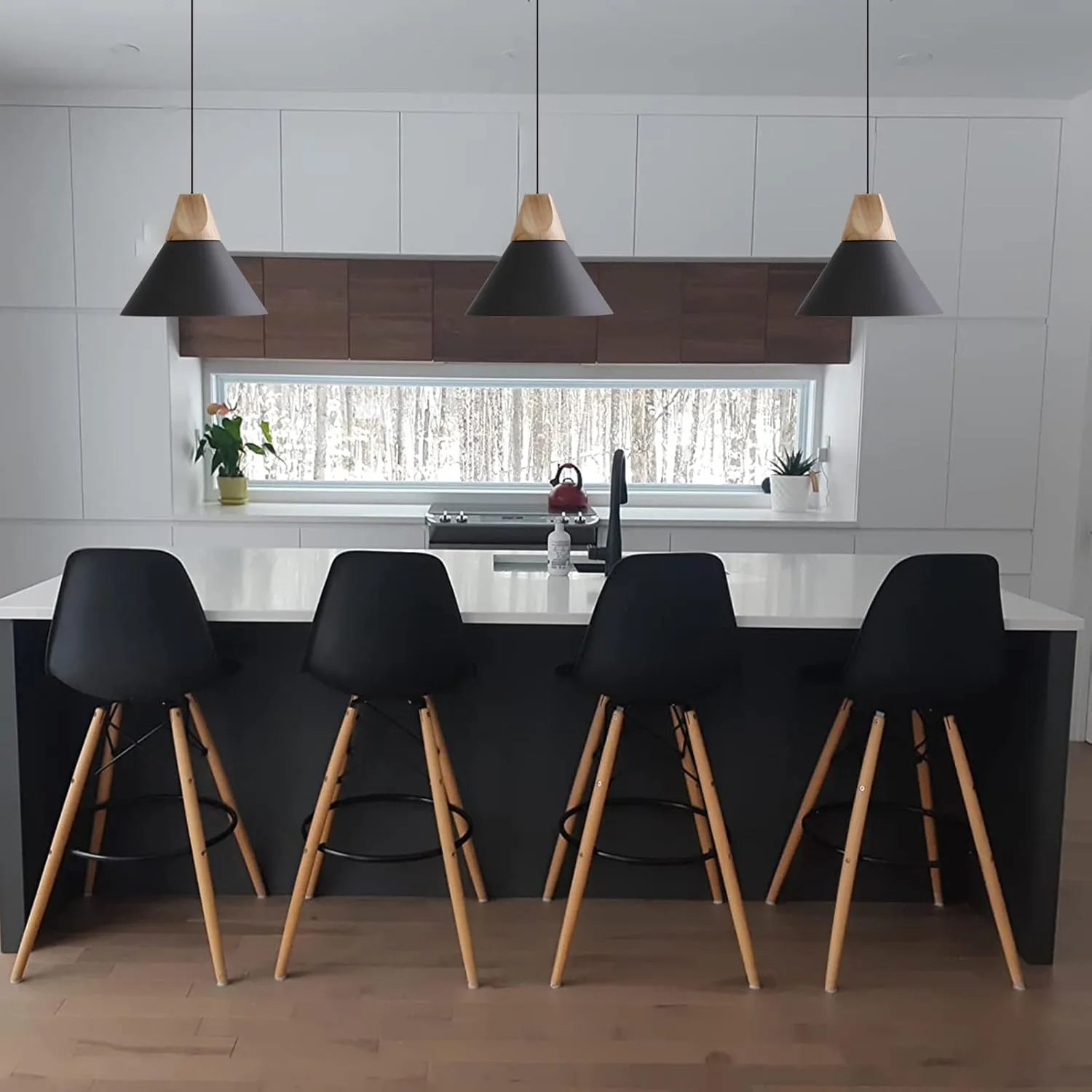 Pendant Light,Solid Wood Ceiling Hanging Lamp,Modern Matte Black Pendant Lighting for Kitchen Island Dining Room Coffee Bar (Black-3 Pack)