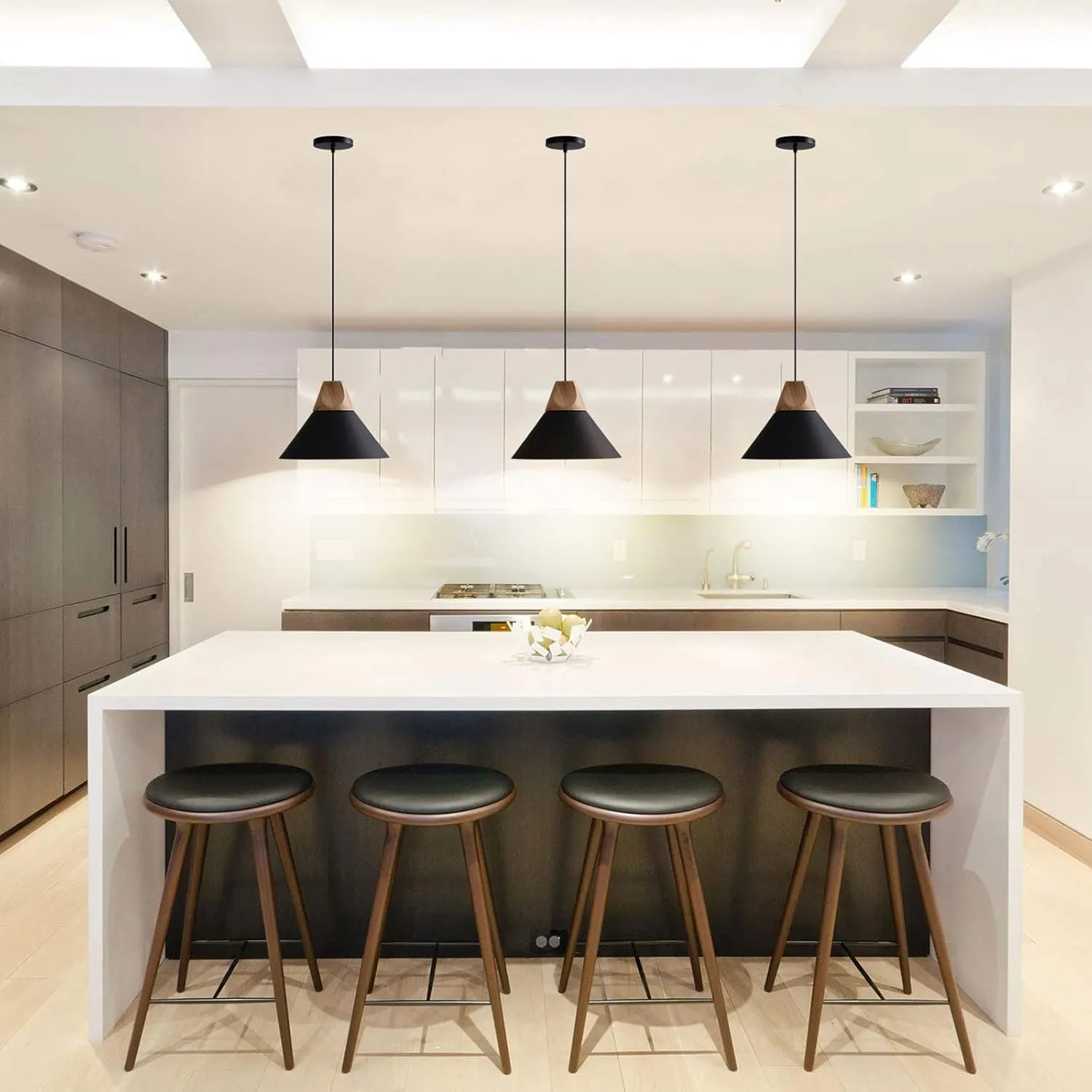 Pendant Light,Solid Wood Ceiling Hanging Lamp,Modern Matte Black Pendant Lighting for Kitchen Island Dining Room Coffee Bar (Black-3 Pack)