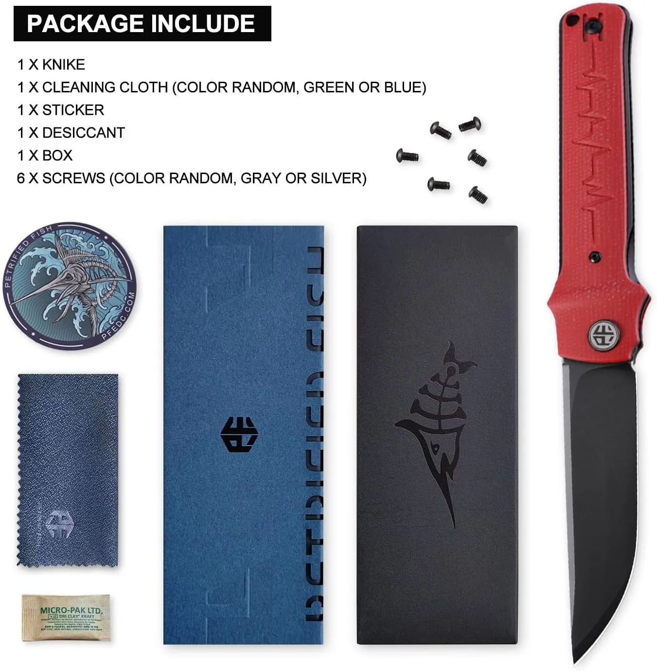 Petrified fish PFB04 Tena Folding Knife, 3.82" D2 Black Stonewashed Blade Micarta Handle Pocket Folding knife for EDC Camping Outdoor (Red Micarta Stonewashed)