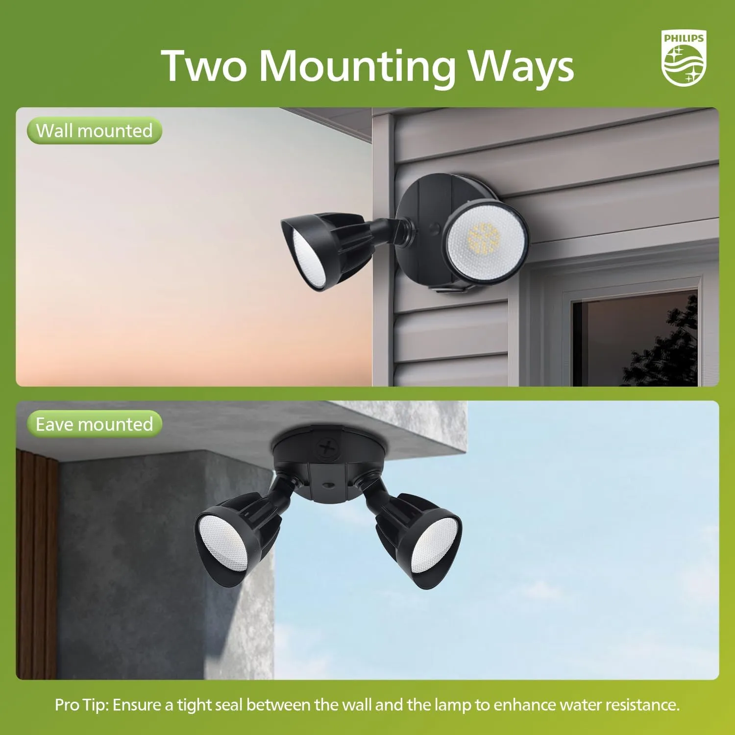 Philips 44W 3500LM ‌LED Security Flood Light‌ ‌Outdoor‌，Switch Controlled Aluminum ‌Security Light‌, 2 Adjustable Heads，5000K Daylight，Wet Location for Patio, Garden, Yard Lights