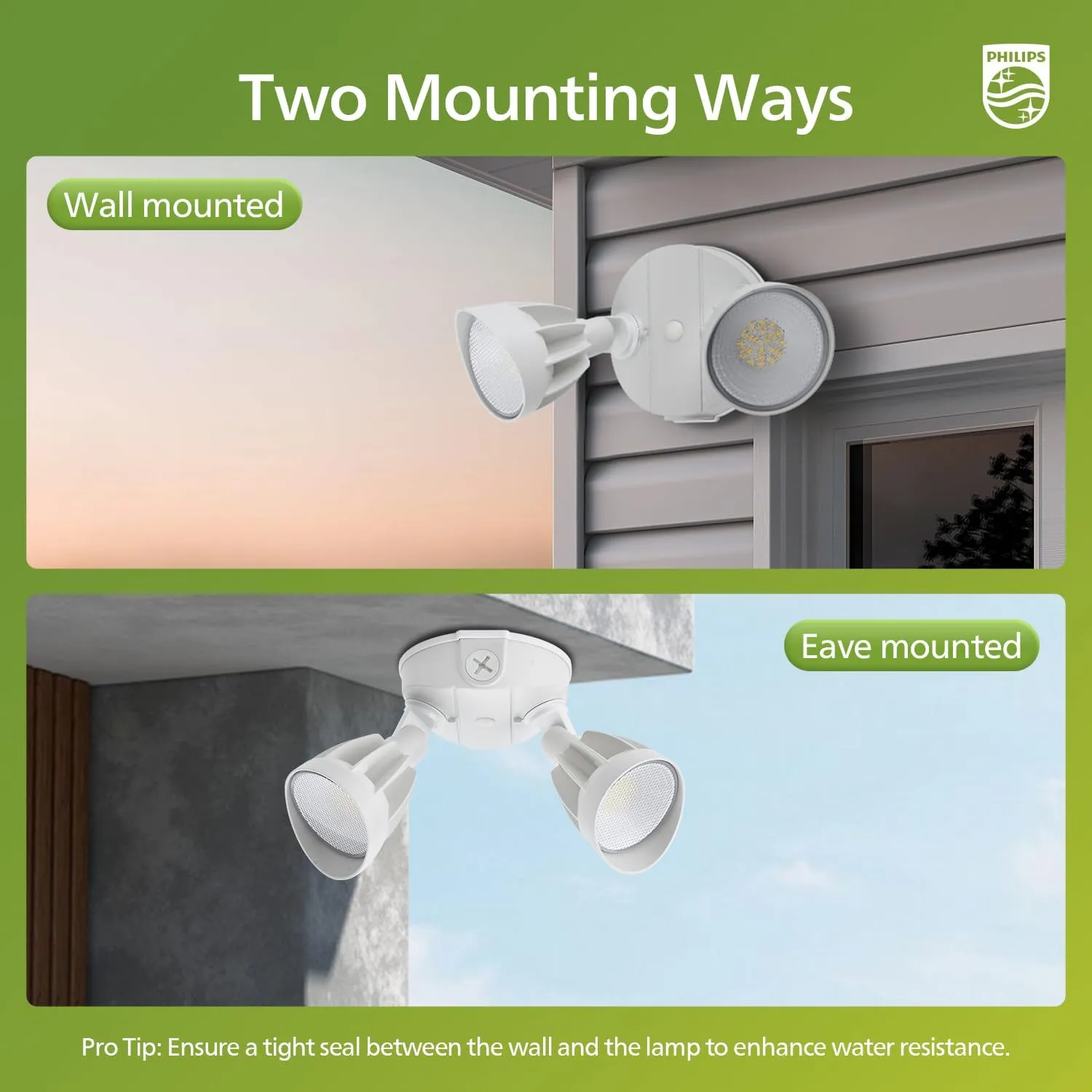 Philips 44W 3500LM ‌LED Security Flood Light‌ ‌Outdoor‌，Switch Controlled Aluminum ‌Security Light‌, 2 Adjustable Heads，5000K Daylight，Wet Location for Patio, Garden, Yard Lights