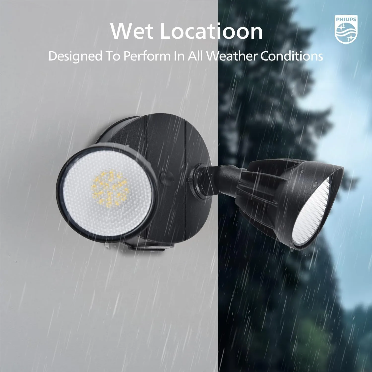 Philips 44W 3500LM ‌LED Security Flood Light‌ ‌Outdoor‌，Switch Controlled Aluminum ‌Security Light‌, 2 Adjustable Heads，5000K Daylight，Wet Location for Patio, Garden, Yard Lights