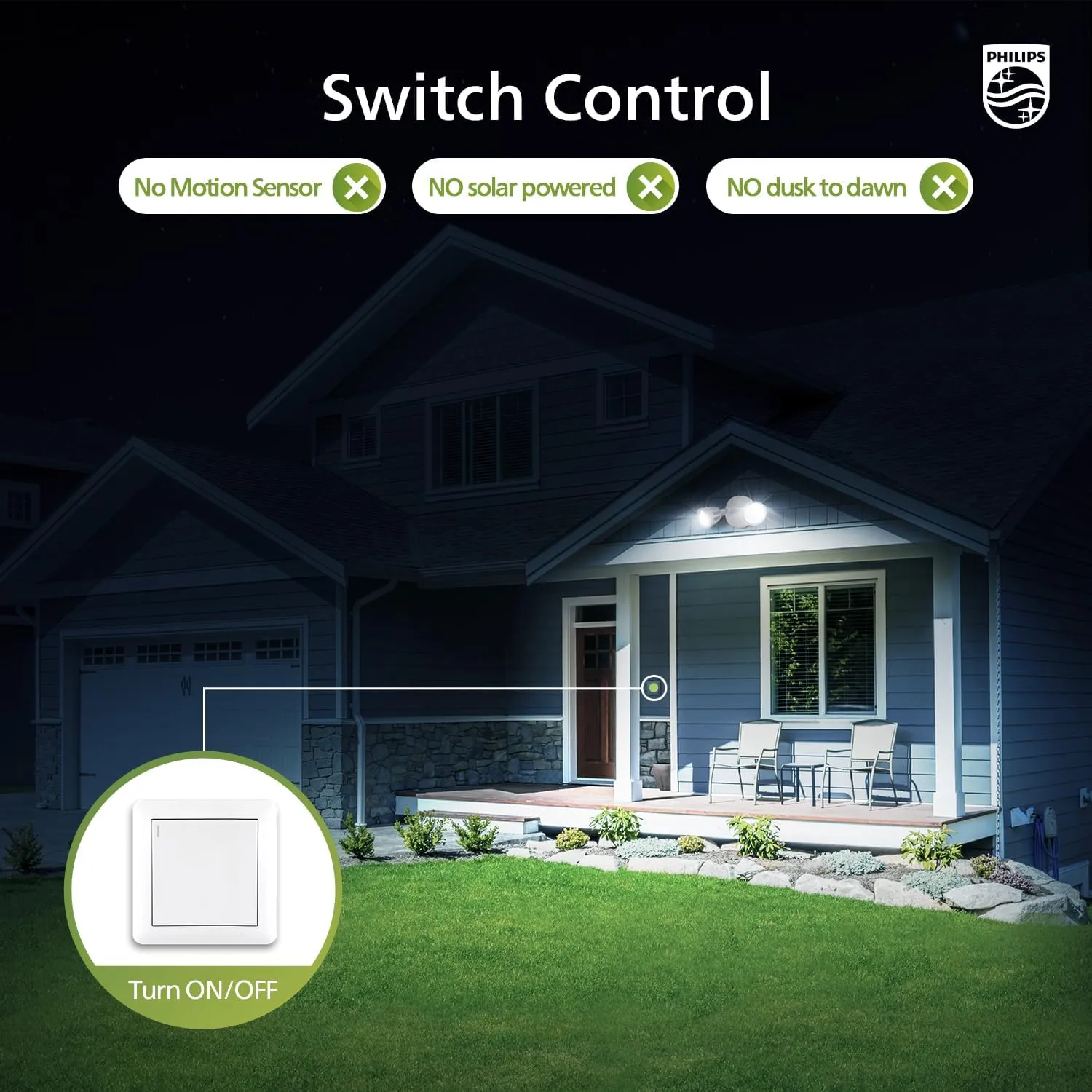 Philips 44W 3500LM ‌LED Security Flood Light‌ ‌Outdoor‌，Switch Controlled Aluminum ‌Security Light‌, 2 Adjustable Heads，5000K Daylight，Wet Location for Patio, Garden, Yard Lights