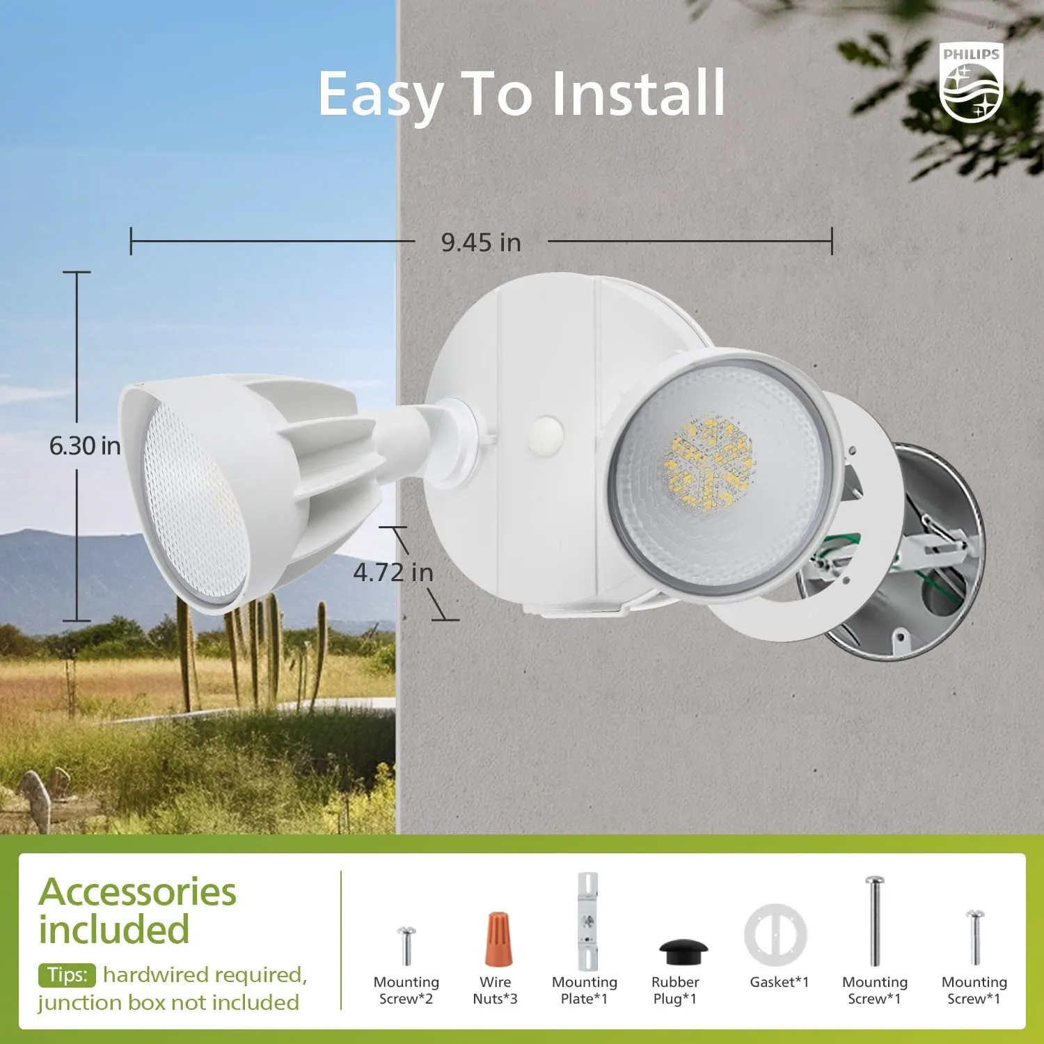 Philips 44W 3500LM ‌LED Security Flood Light‌ ‌Outdoor‌，Switch Controlled Aluminum ‌Security Light‌, 2 Adjustable Heads，5000K Daylight，Wet Location for Patio, Garden, Yard Lights