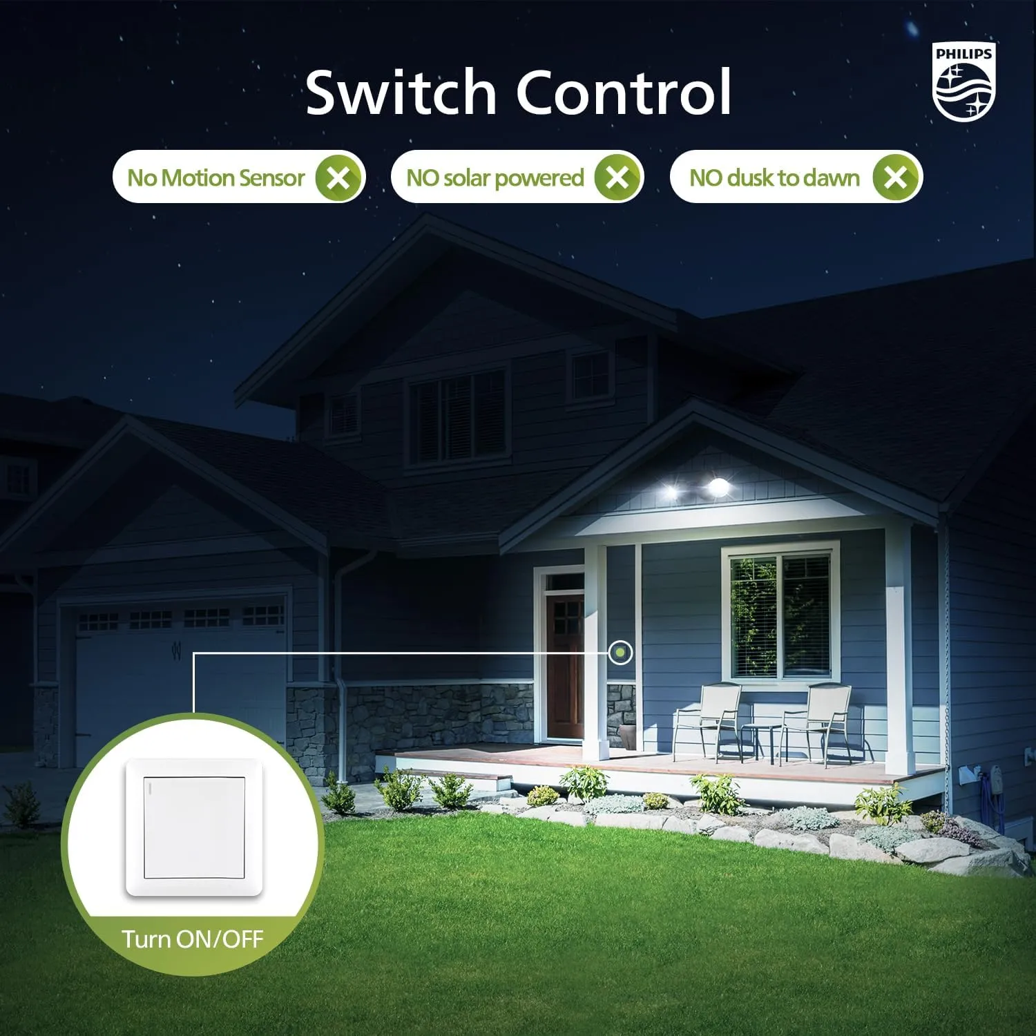 Philips 44W 3500LM ‌LED Security Flood Light‌ ‌Outdoor‌，Switch Controlled Aluminum ‌Security Light‌, 2 Adjustable Heads，5000K Daylight，Wet Location for Patio, Garden, Yard Lights