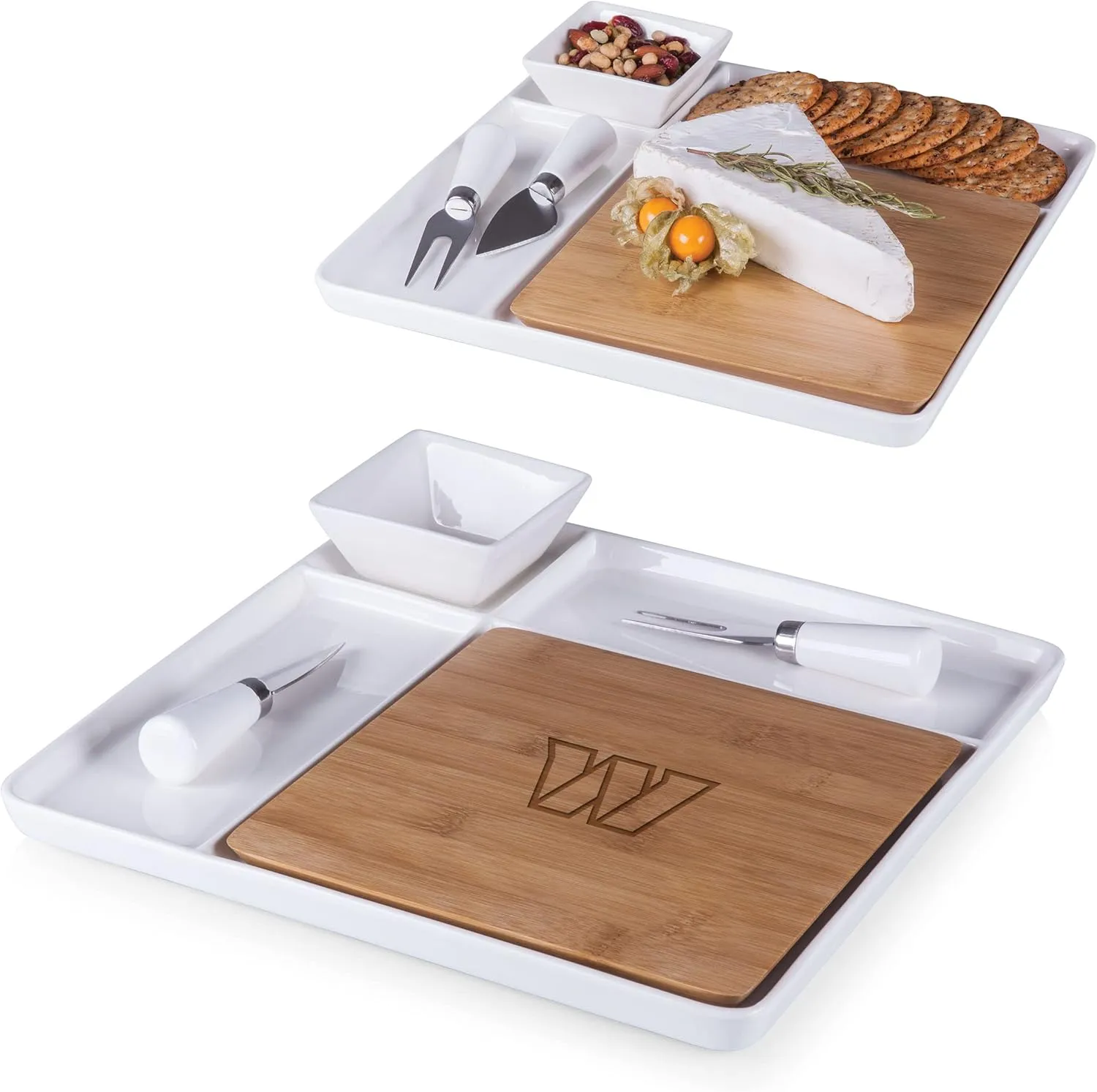 PICNIC TIME NFL Peninsula Cutting Board & Serving Tray - Cheese Board - Charcuterie Board - Appetizer Plate, Bamboo & White Ceramic