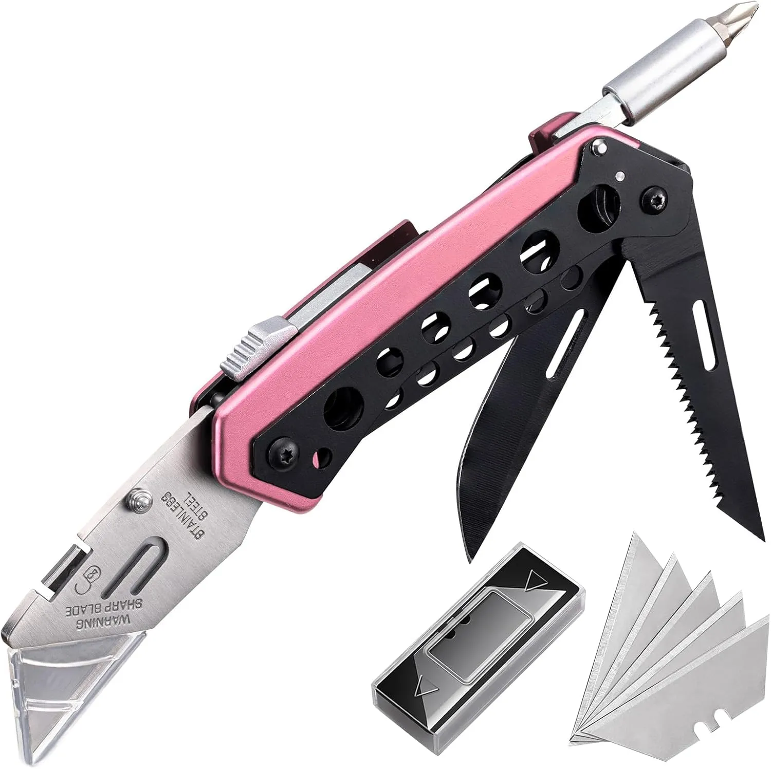 Pink Box Cutter Knife, Folding Utility Knife, 6 in 1 Razor Pocket Utility Knives Multitool with Clip, 5 Razor Blades, Screwdriver, Saw, Safe Lock, Work Knives, EDC Gadgets Gifts for Men Women