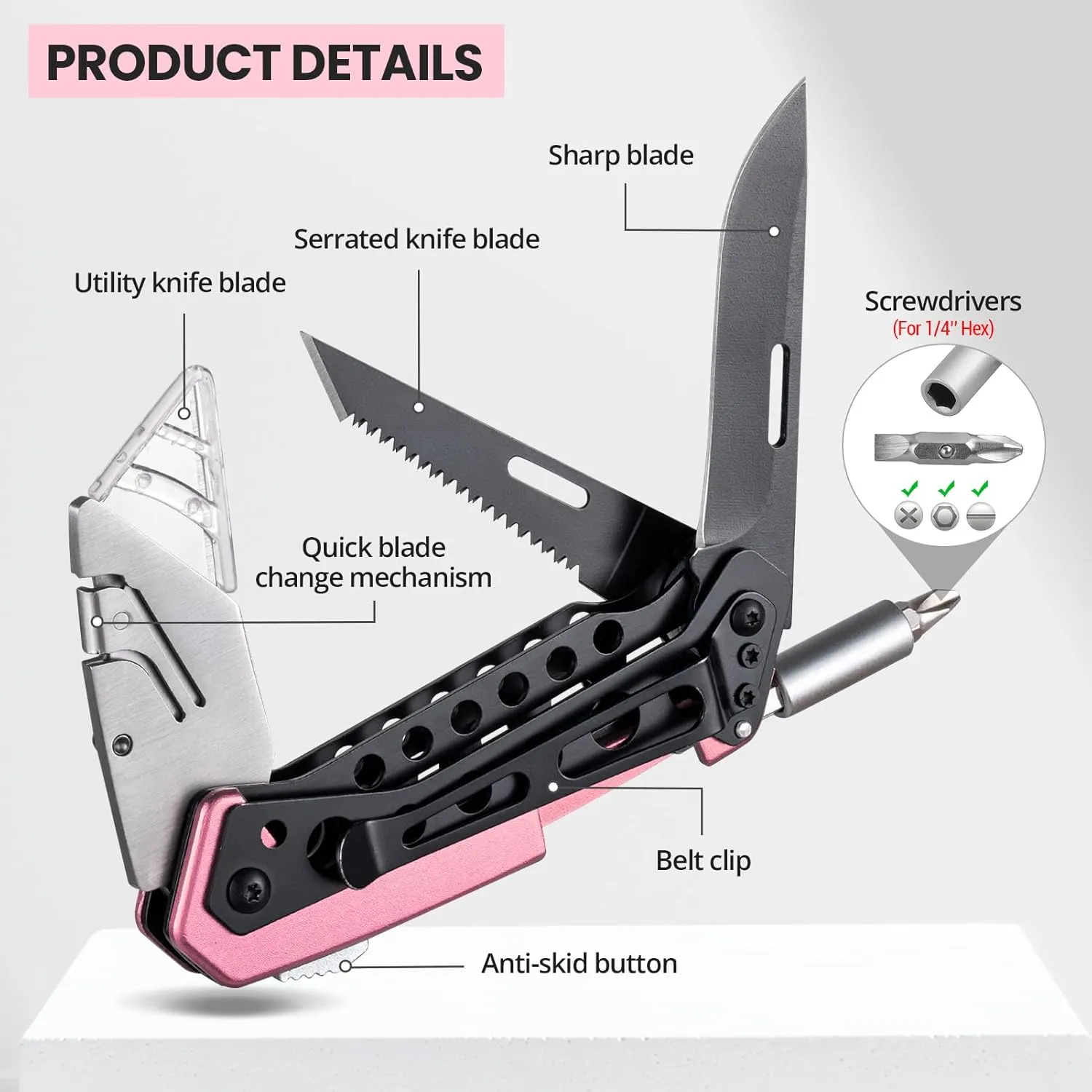 Pink Box Cutter Knife, Folding Utility Knife, 6 in 1 Razor Pocket Utility Knives Multitool with Clip, 5 Razor Blades, Screwdriver, Saw, Safe Lock, Work Knives, EDC Gadgets Gifts for Men Women