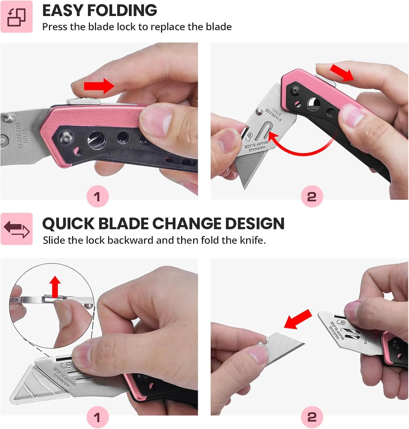 Pink Box Cutter Knife, Folding Utility Knife, 6 in 1 Razor Pocket Utility Knives Multitool with Clip, 5 Razor Blades, Screwdriver, Saw, Safe Lock, Work Knives, EDC Gadgets Gifts for Men Women