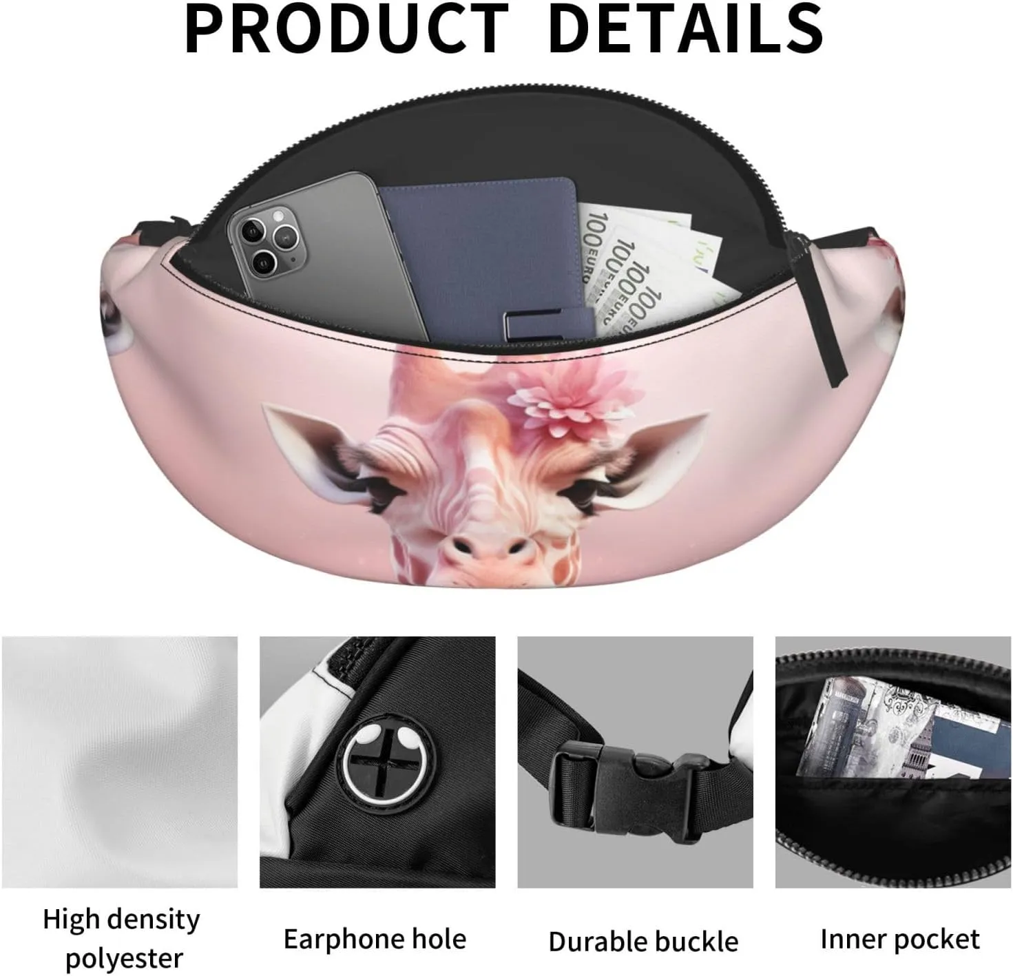 Pink giraffe Fanny Pack for Man Women Waist Bag Adjustable Belt Casual Chest Bag Bum Bags for Travel Sports Running Hiking Waist Packs