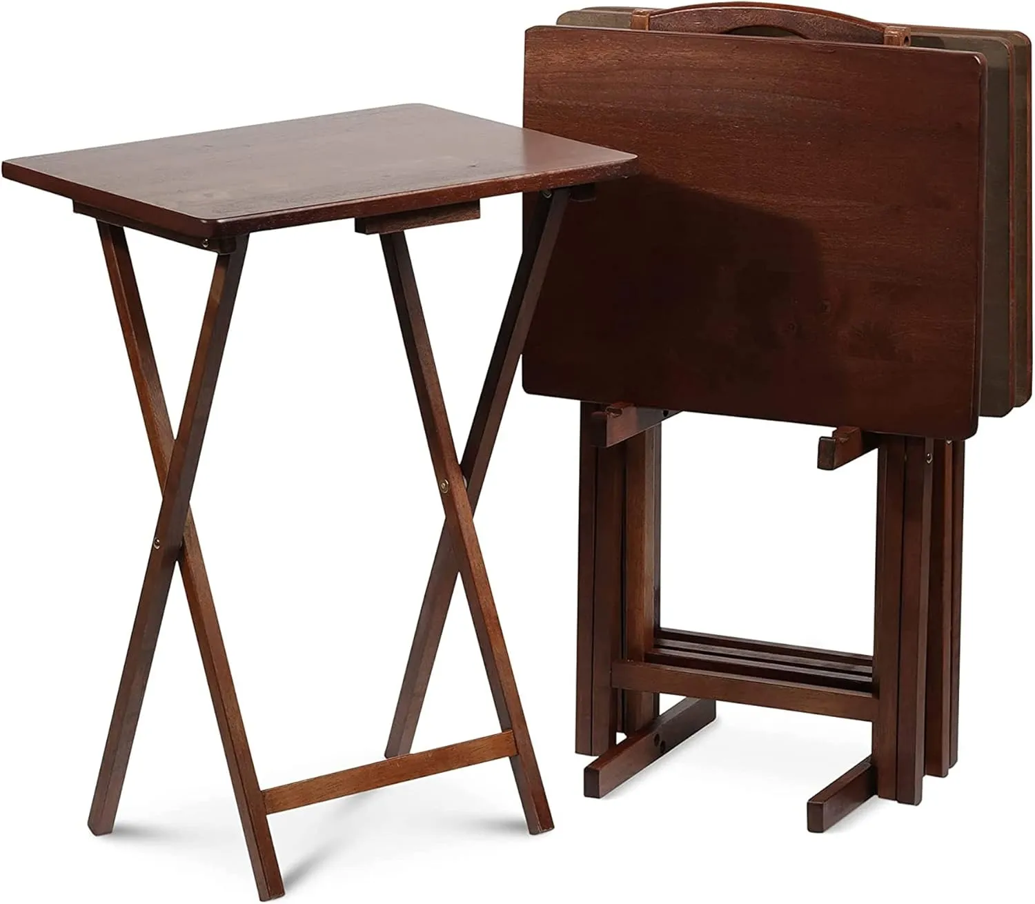 PJ Wood 5 Piece Set, 4 Folding Wooden TV Tray Snack Tables with Storage Rack, Honey Oak