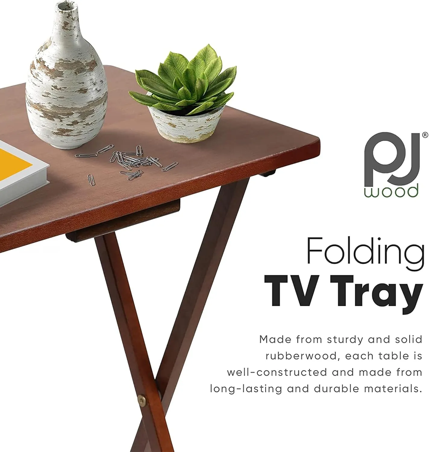 PJ Wood 5 Piece Set, 4 Folding Wooden TV Tray Snack Tables with Storage Rack, Honey Oak