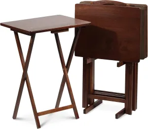 PJ Wood 5 Piece Set, 4 Folding Wooden TV Tray Snack Tables with Storage Rack, Honey Oak