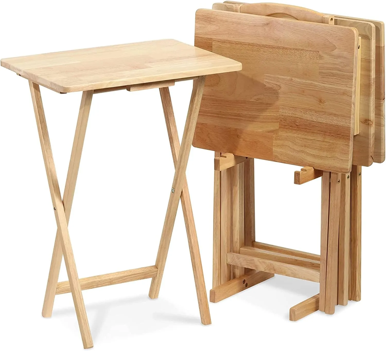 PJ Wood 5 Piece Set, 4 Folding Wooden TV Tray Snack Tables with Storage Rack, Natural
