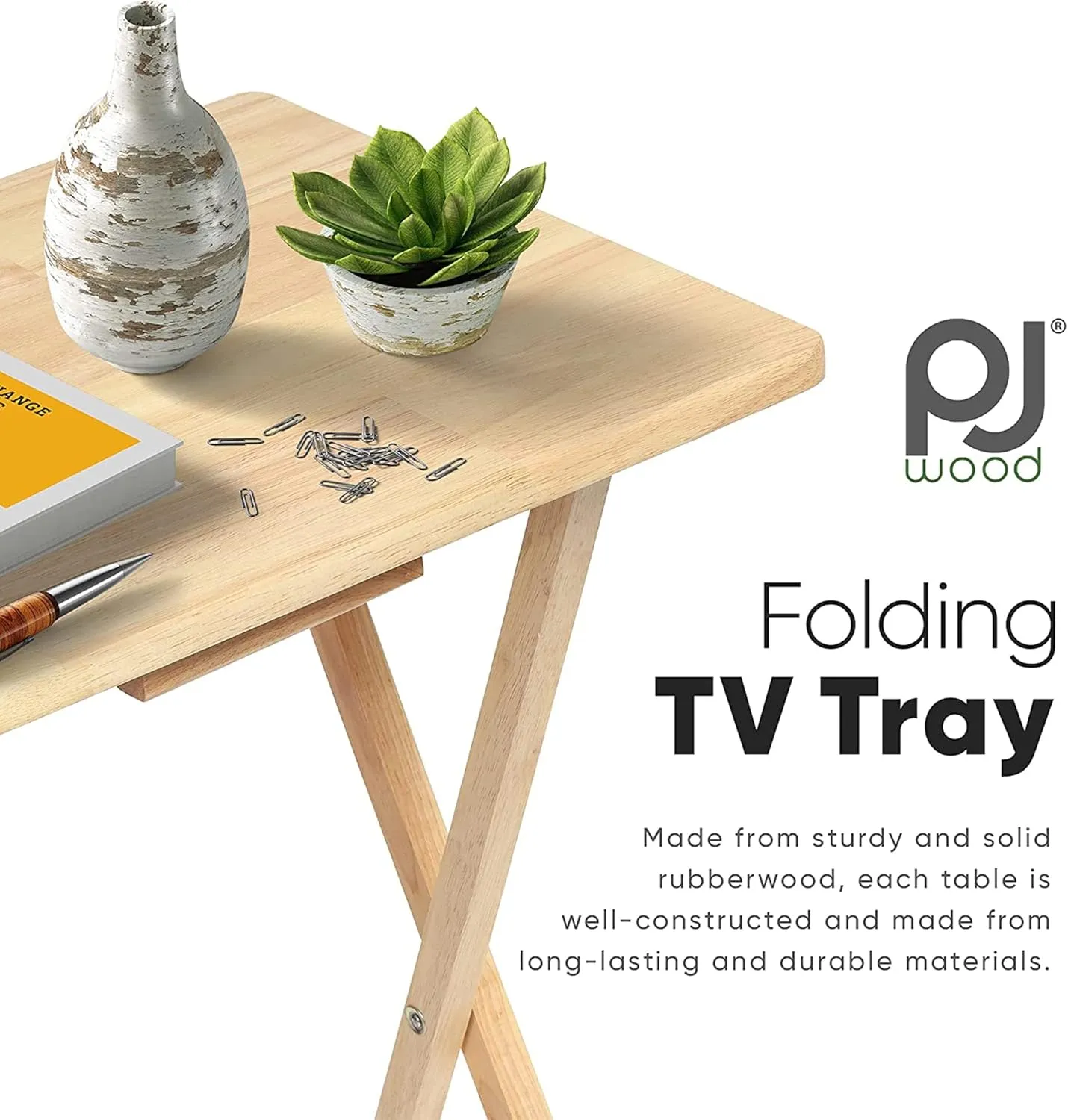 PJ Wood 5 Piece Set, 4 Folding Wooden TV Tray Snack Tables with Storage Rack, Natural