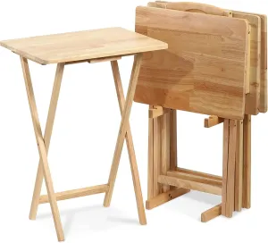 PJ Wood 5 Piece Set, 4 Folding Wooden TV Tray Snack Tables with Storage Rack, Natural