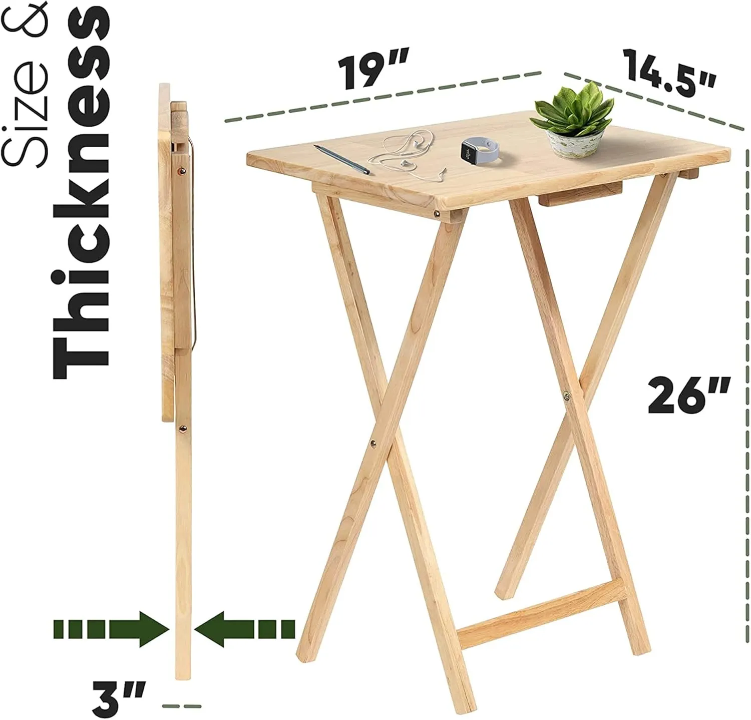 PJ Wood 5 Piece Set, 4 Folding Wooden TV Tray Snack Tables with Storage Rack, Natural
