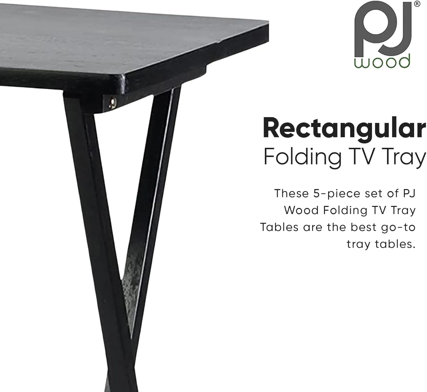 PJ Wood Multifunctional Rectangular Folding and Collapsible Solid Wood TV Tray Snack Tables with Compact Storage Rack, Set of 5, Black