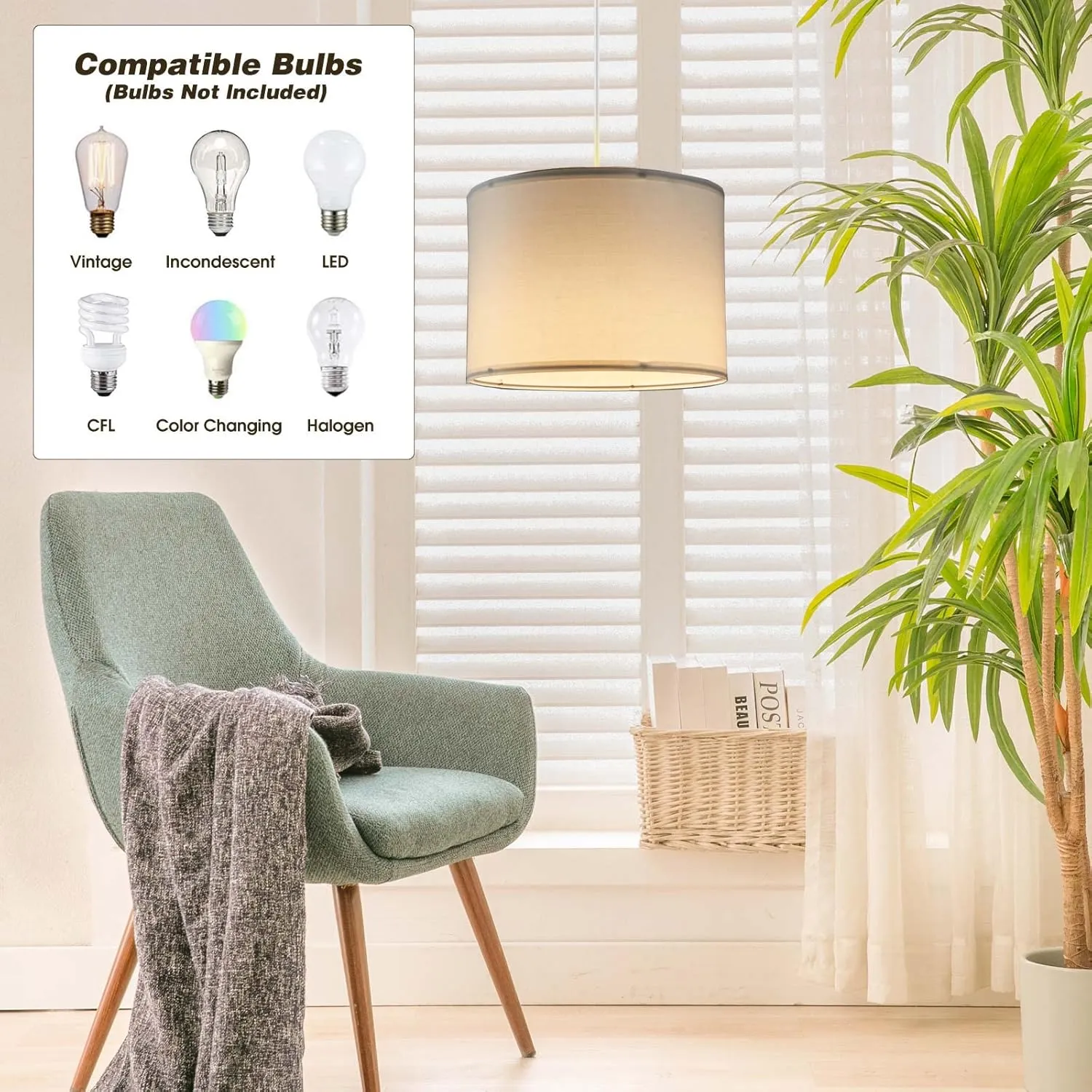 Plug in Pendant Light, 15 FT Hanging Lamp with Plug in Cord, On/Off Switch, Pendant Lighting with Fabric Shade, Hanging Light Fixture for Living Room, Bedroom, Dining Room, Kitchen (White)
