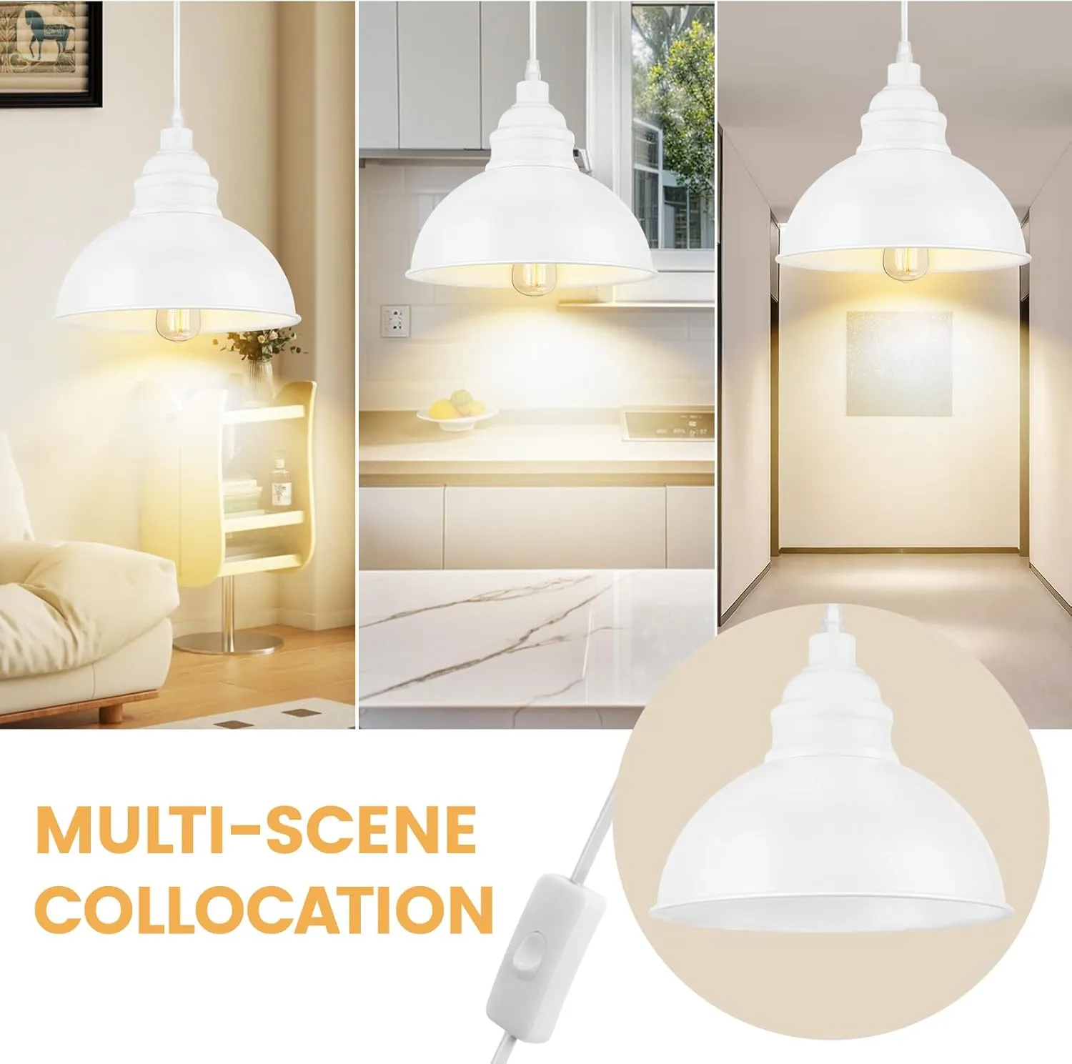 Plug in Pendant Light, 15FT Hanging Lights, On/Off Switch, Industrial Pendant Light with Plug in Cord, Metal Hanging Lamps for Living Room, Kitchen, Dining Room White