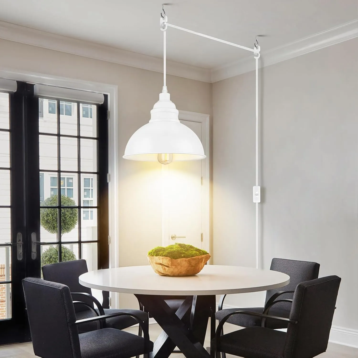 Plug in Pendant Light, 15FT Hanging Lights, On/Off Switch, Industrial Pendant Light with Plug in Cord, Metal Hanging Lamps for Living Room, Kitchen, Dining Room White