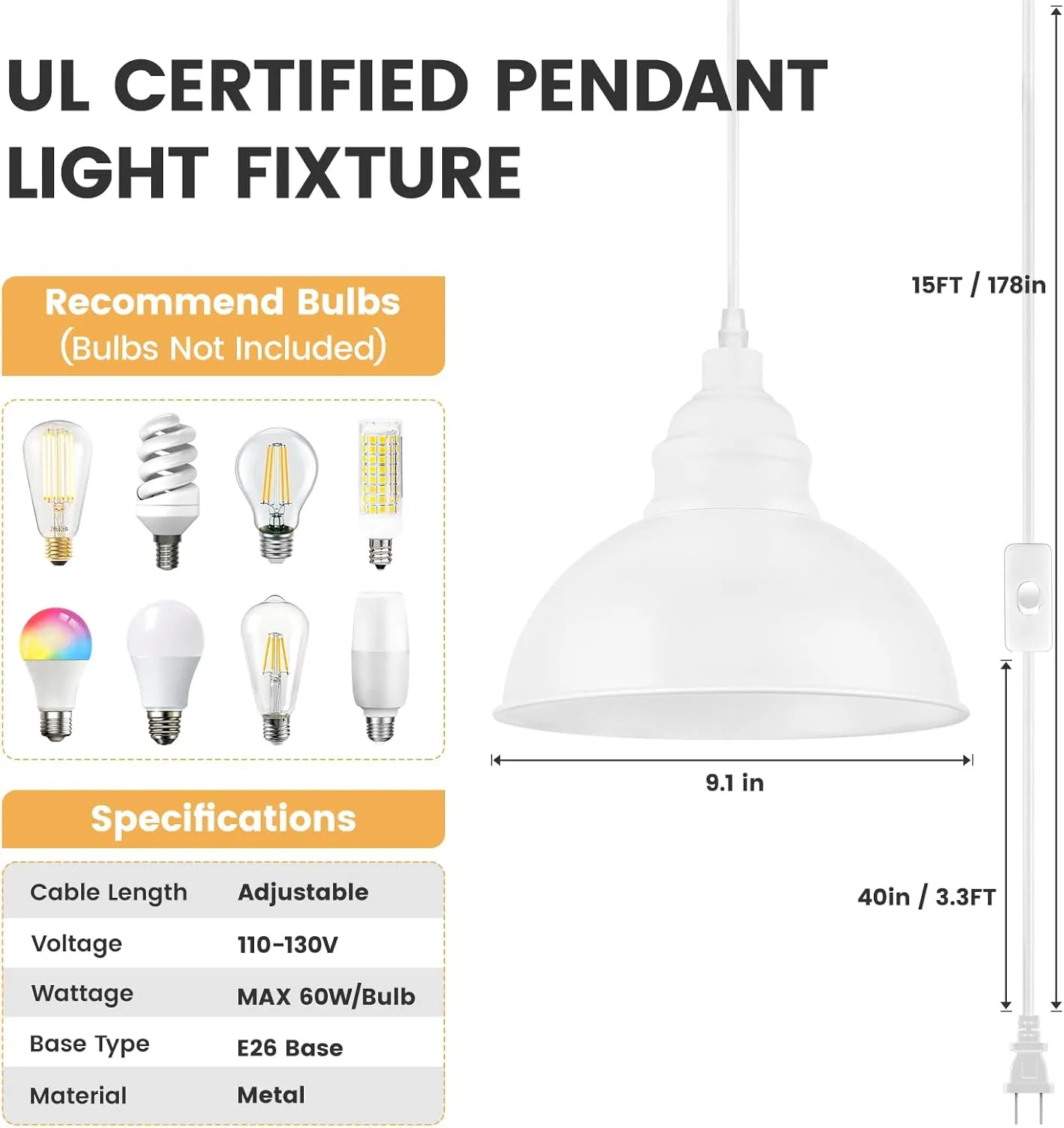 Plug in Pendant Light, 15FT Hanging Lights, On/Off Switch, Industrial Pendant Light with Plug in Cord, Metal Hanging Lamps for Living Room, Kitchen, Dining Room White
