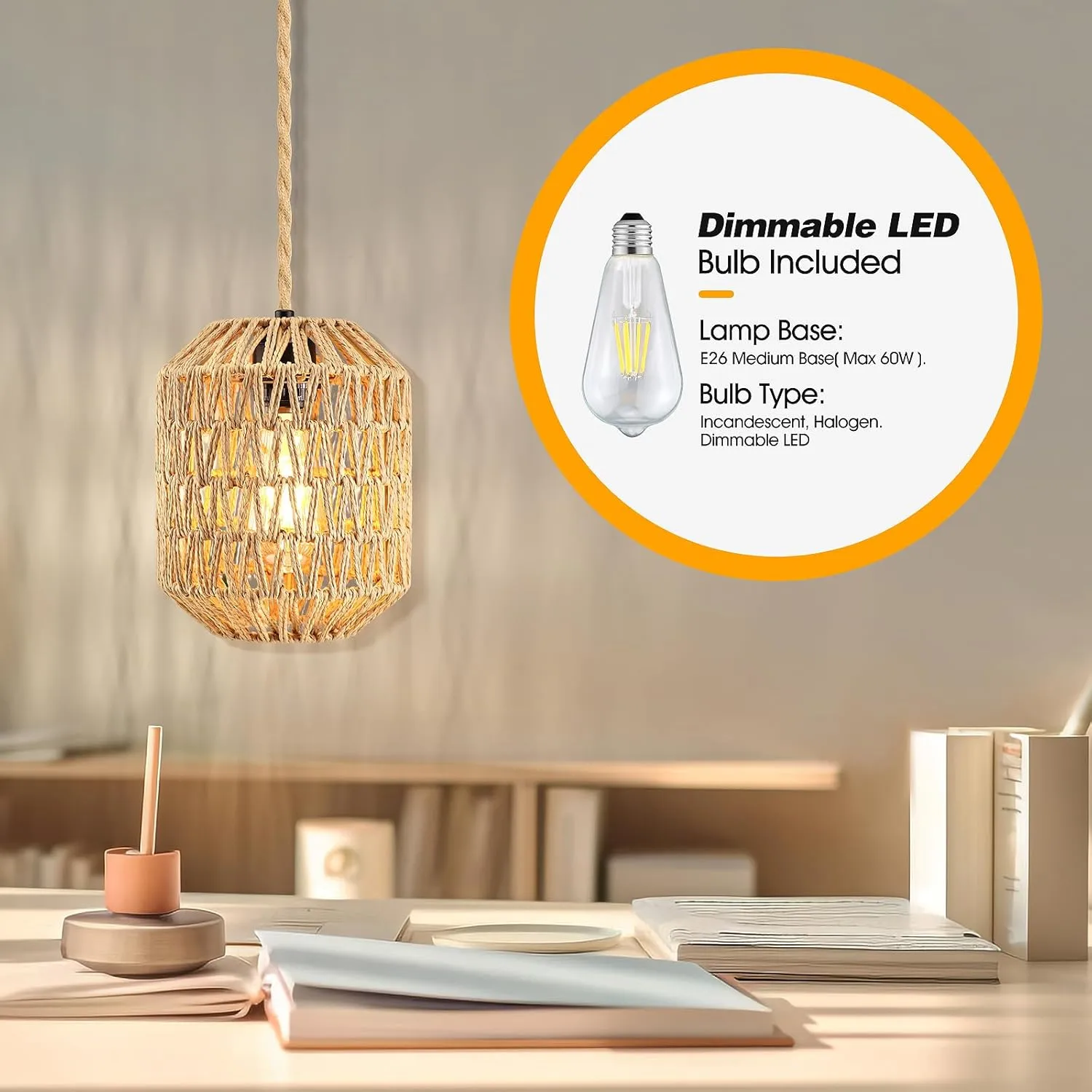 Plug In Pendant Light, 15FT Hemp Rope Cord,Hanging Lights With Plug In Cord Dimmable Rattan Hanging Lamp Wicker Woven Basket Lampshade, Industrial Plug In Ceiling Light Fixture For Kitchen (brown)