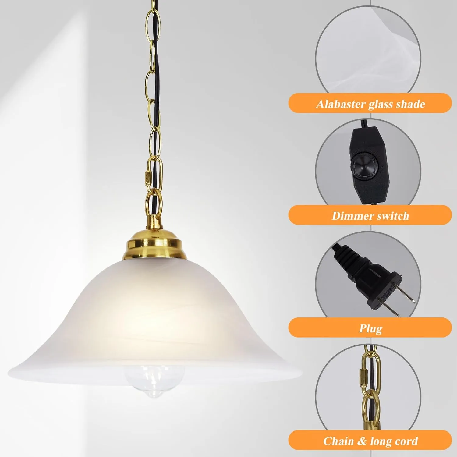 Plug in Pendant Light Alabaster Glass Shade Hanging Lamp with On/Off Switch,16.4Ft Cord & 14.7Ft Chain Dimmable Brass Swag Light Fixture for Kitchen Sink Bar Nook Farmhouse