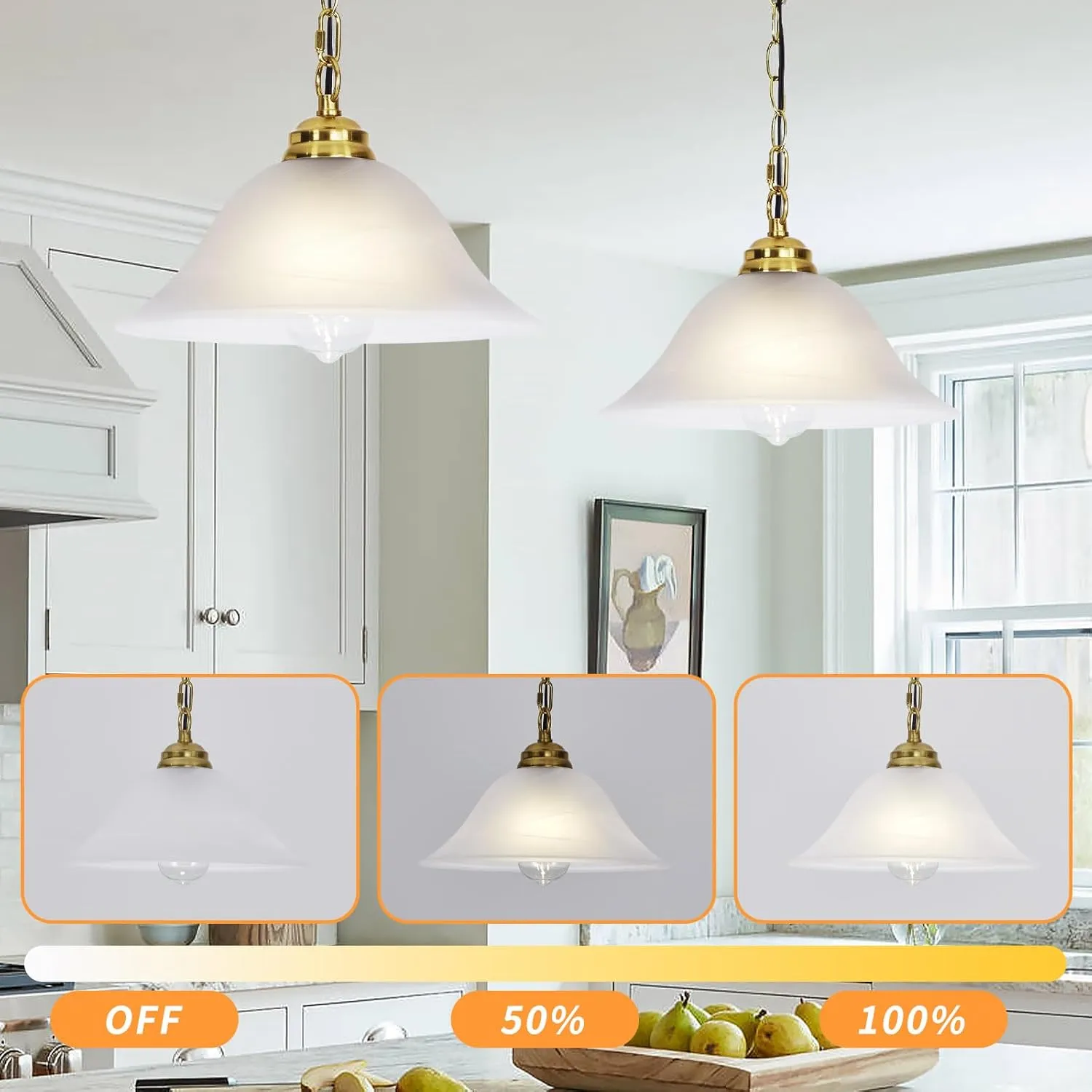 Plug in Pendant Light Alabaster Glass Shade Hanging Lamp with On/Off Switch,16.4Ft Cord & 14.7Ft Chain Dimmable Brass Swag Light Fixture for Kitchen Sink Bar Nook Farmhouse