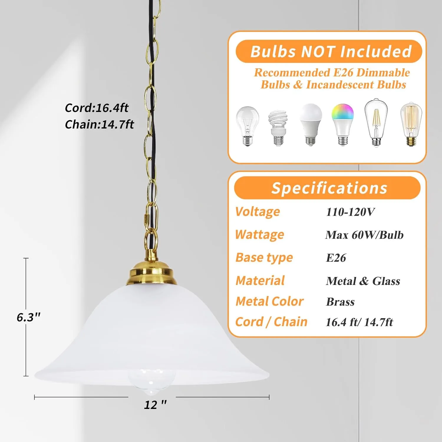 Plug in Pendant Light Alabaster Glass Shade Hanging Lamp with On/Off Switch,16.4Ft Cord & 14.7Ft Chain Dimmable Brass Swag Light Fixture for Kitchen Sink Bar Nook Farmhouse