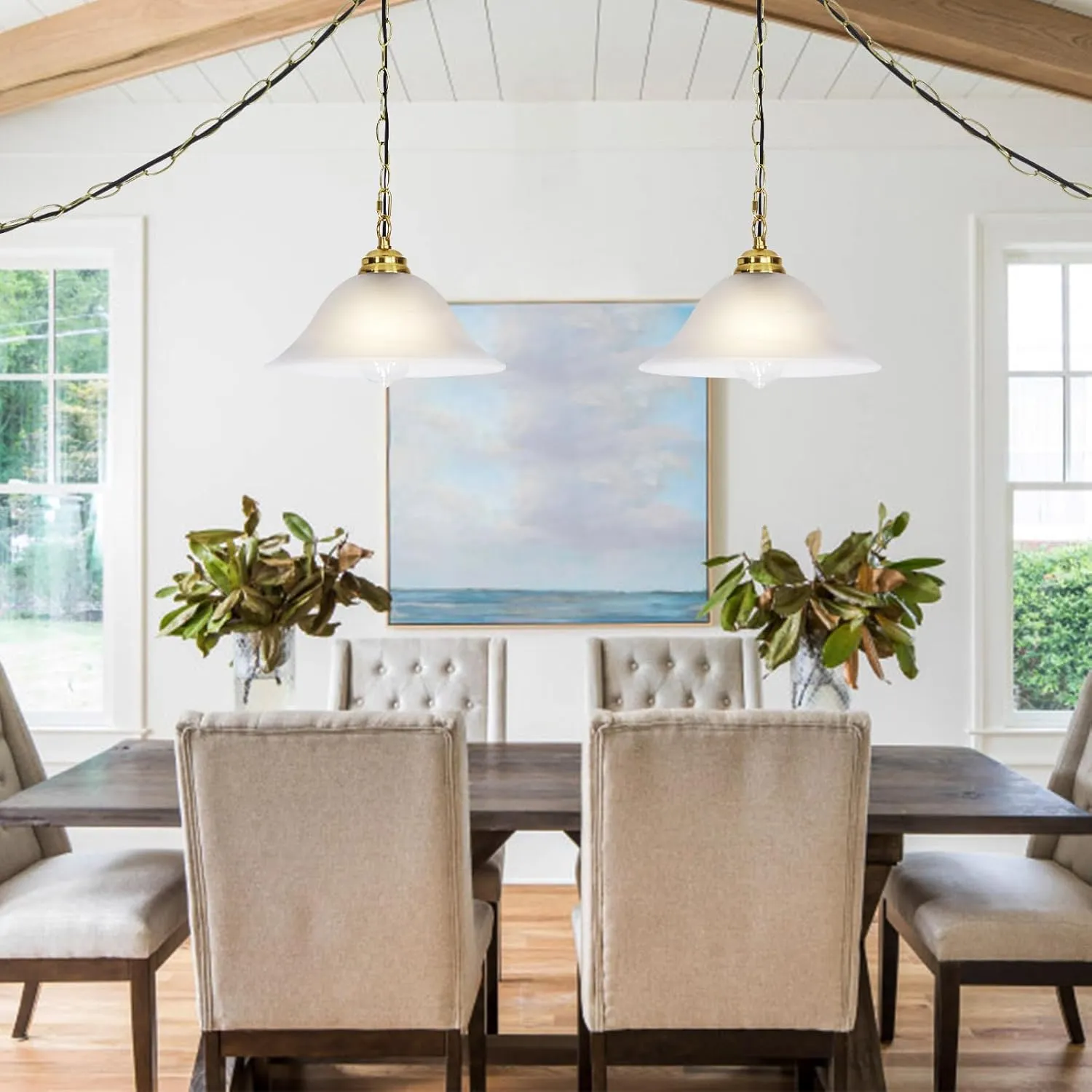 Plug in Pendant Light Alabaster Glass Shade Hanging Lamp with On/Off Switch,16.4Ft Cord & 14.7Ft Chain Dimmable Brass Swag Light Fixture for Kitchen Sink Bar Nook Farmhouse
