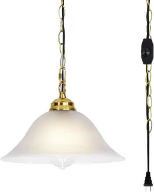 Plug in Pendant Light Alabaster Glass Shade Hanging Lamp with On/Off Switch,16.4Ft Cord & 14.7Ft Chain Dimmable Brass Swag Light Fixture for Kitchen Sink Bar Nook Farmhouse