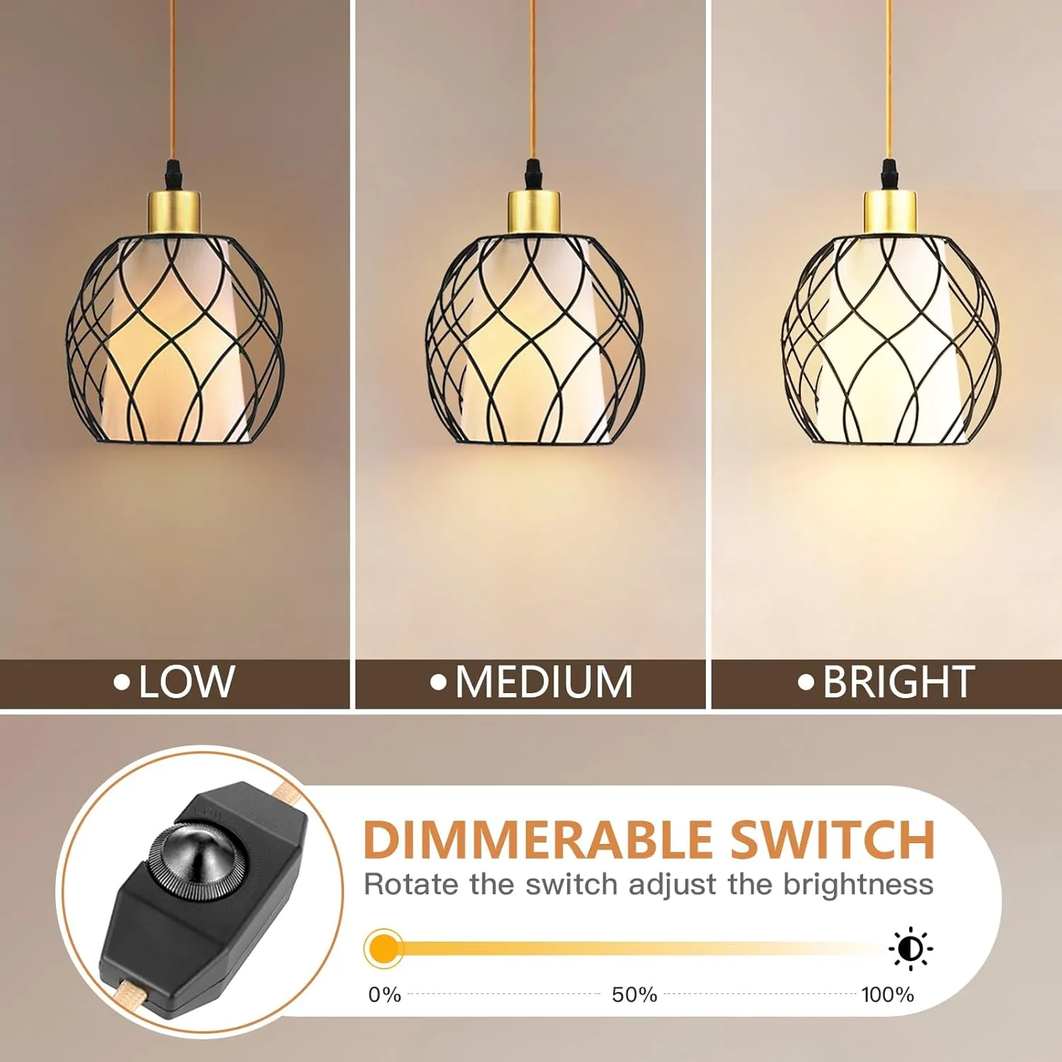 Plug in Pendant Light, Black Farmhouse Hanging Lights with Linen Shade, 15ft Golden Cotton Cord, Industrail Ceiling Lamp with Dimmable Switch, for Kitchen Island Living Room (Bulb Included)