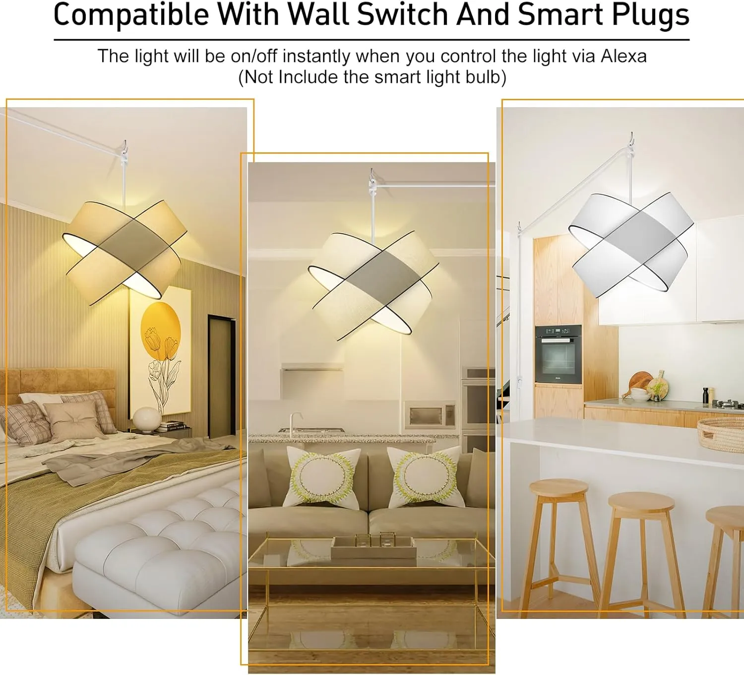 Plug in Pendant Light Ceiling Fixture, White Hanging Lamp with 14.5FT Plug-in Cord, On/Off Switch, 13" Linen Lampshade, Overhead Hanging Light for Living Room Bedroom Dining Room(E26 Base, NO Bulb)