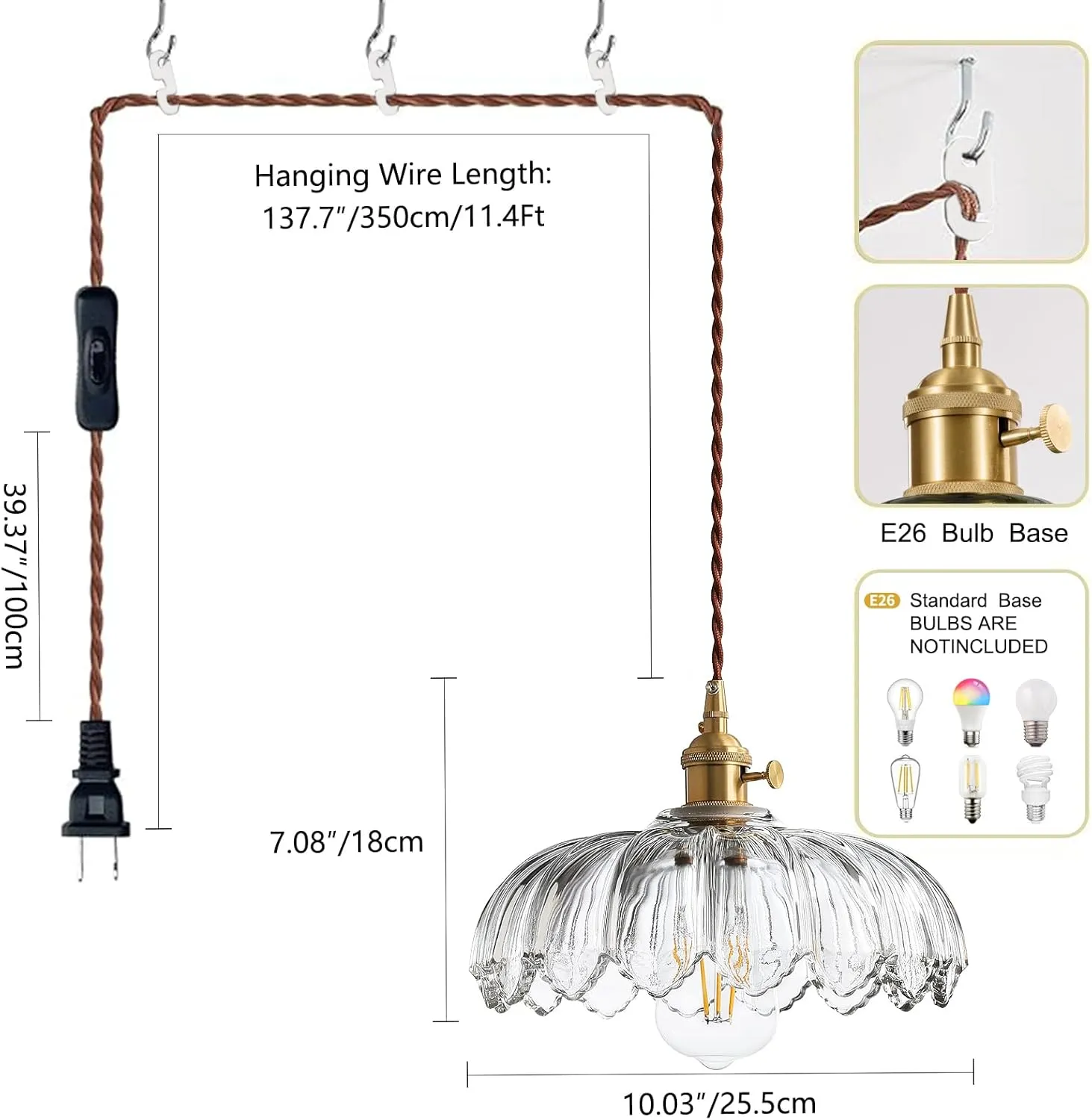 Plug in Pendant Light Fixtures, Plug in Hanging Lamps Glass Hanging Lights, Pendant Lighting for Kitchen Island, Bedroom, Dining Room, Living Room, E26 No Bulb