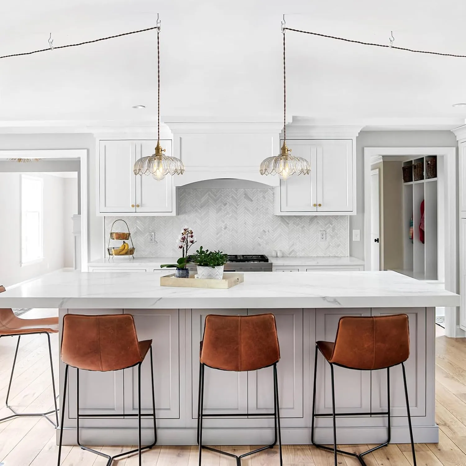 Plug in Pendant Light Fixtures, Plug in Hanging Lamps Glass Hanging Lights, Pendant Lighting for Kitchen Island, Bedroom, Dining Room, Living Room, E26 No Bulb