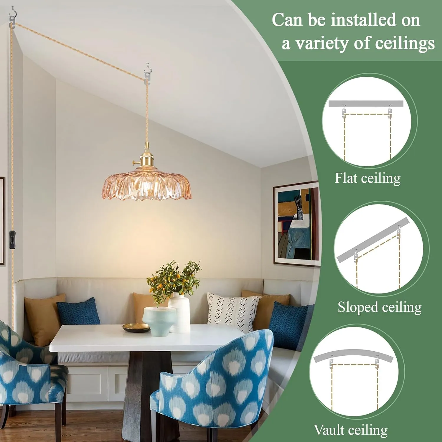 Plug in Pendant Light Fixtures,Amber Glass Lampshade Pendant Lighting 9.4in E26 Hanging Light Fixture Contains one 3000K Bulb Corded On/Off Switch for Kitchen Island, Bedroom, Dining Room