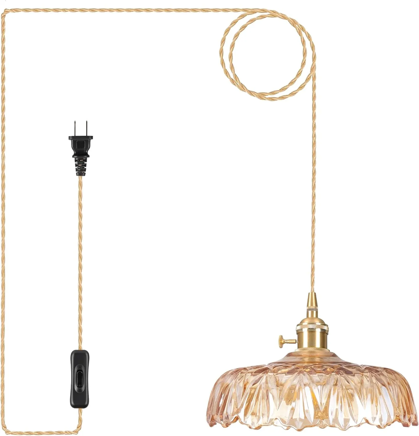 Plug in Pendant Light Fixtures,Amber Glass Lampshade Pendant Lighting 9.4in E26 Hanging Light Fixture Contains one 3000K Bulb Corded On/Off Switch for Kitchen Island, Bedroom, Dining Room