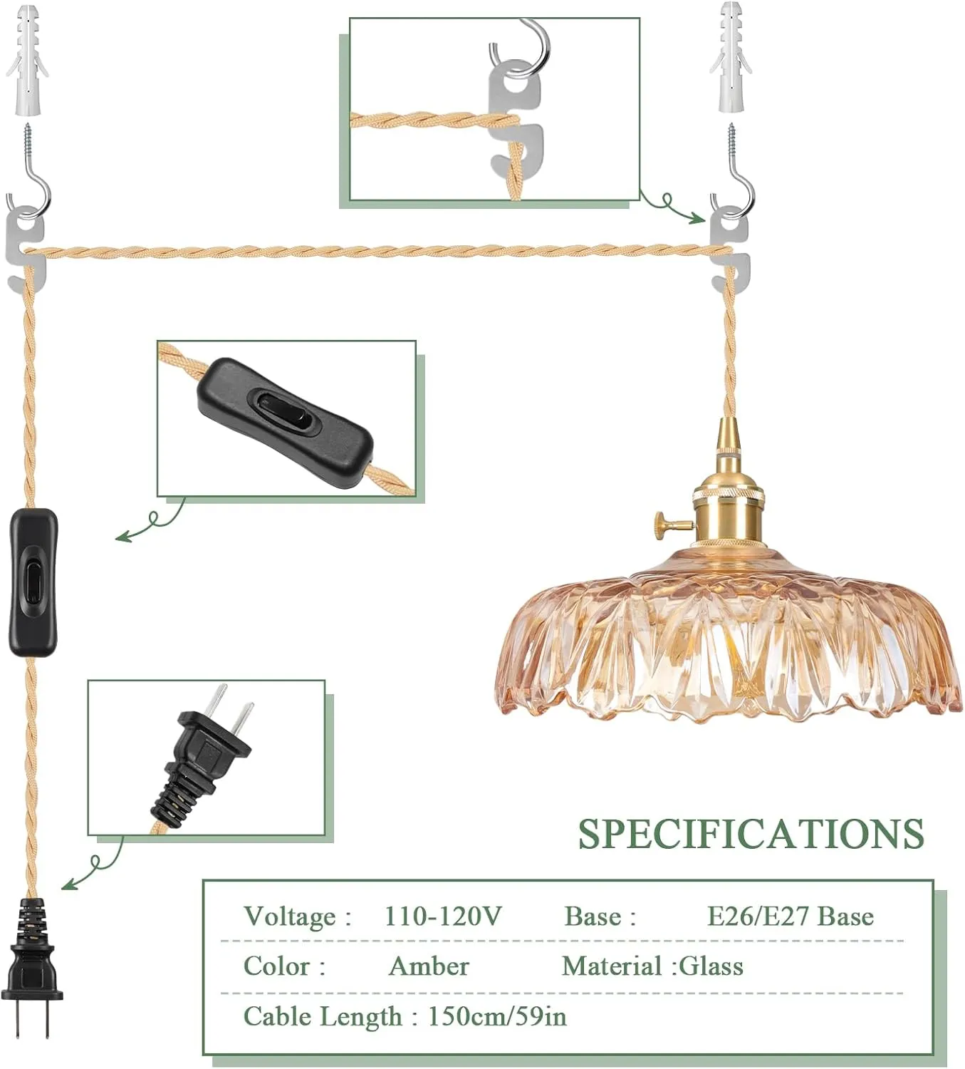 Plug in Pendant Light Fixtures,Amber Glass Lampshade Pendant Lighting 9.4in E26 Hanging Light Fixture Contains one 3000K Bulb Corded On/Off Switch for Kitchen Island, Bedroom, Dining Room