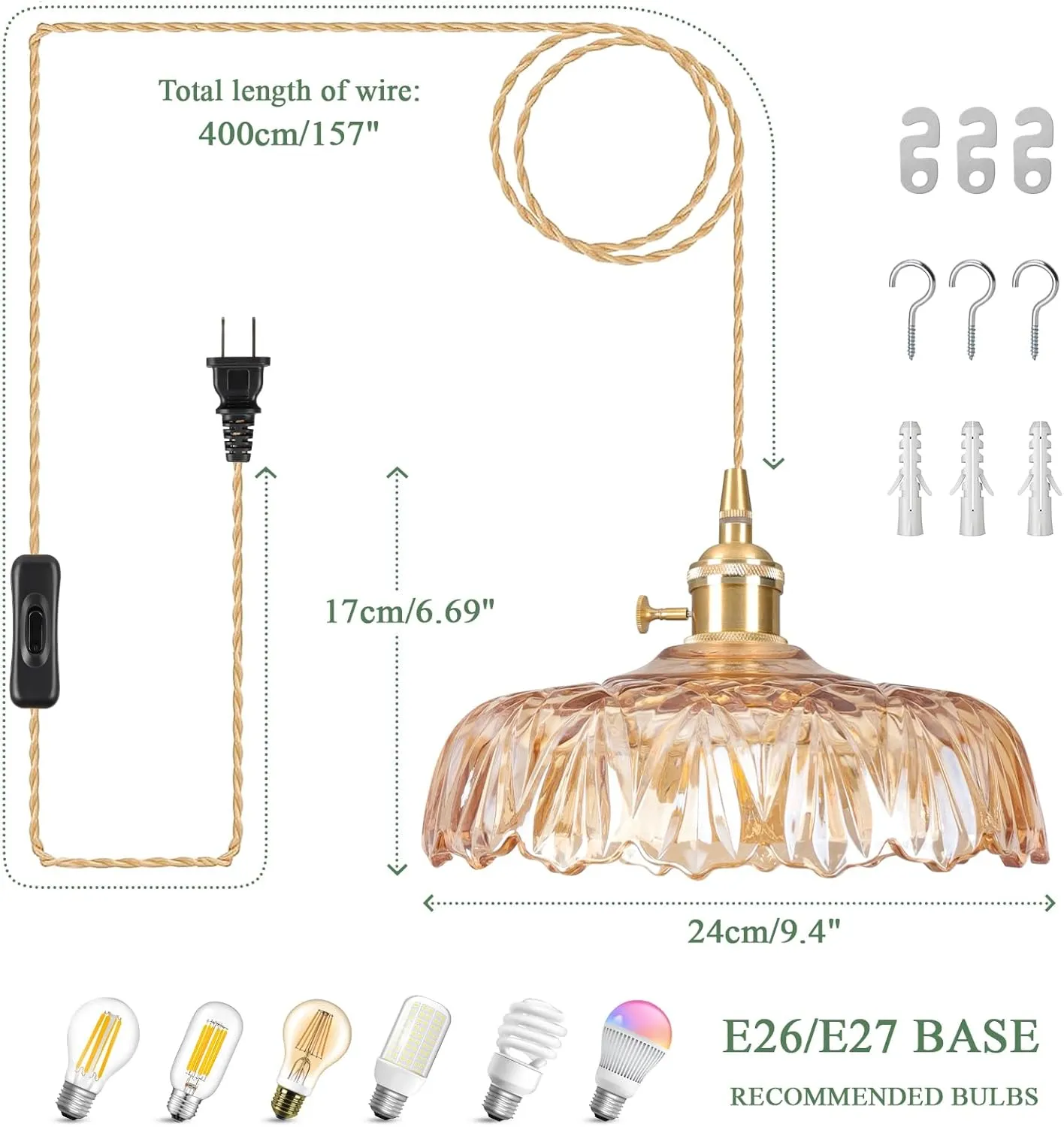 Plug in Pendant Light Fixtures,Amber Glass Lampshade Pendant Lighting 9.4in E26 Hanging Light Fixture Contains one 3000K Bulb Corded On/Off Switch for Kitchen Island, Bedroom, Dining Room