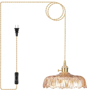 Plug in Pendant Light Fixtures,Amber Glass Lampshade Pendant Lighting 9.4in E26 Hanging Light Fixture Contains one 3000K Bulb Corded On/Off Switch for Kitchen Island, Bedroom, Dining Room