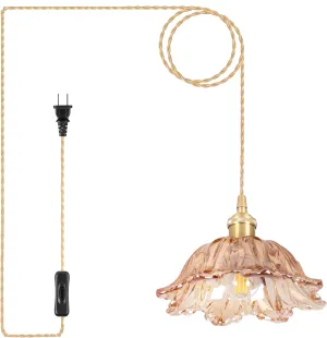 Plug in Pendant Light Fixtures,Hanging Light Fixture Amber Glass Pendant Light E26 Contains one 3000K Bulb Pendant Lighting for Kitchen Island, Bedroom, Dining Room, Living Room