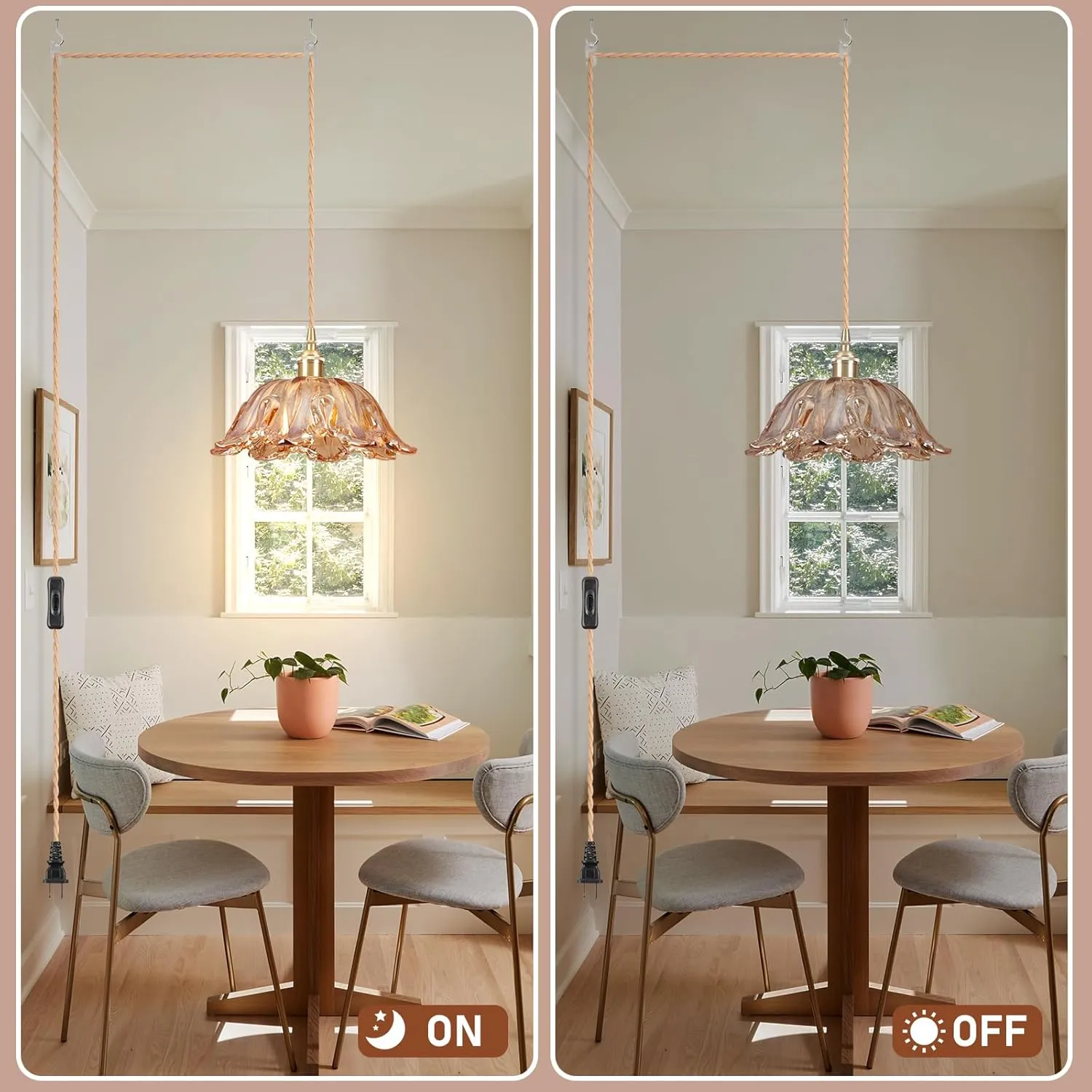 Plug in Pendant Light Fixtures,Hanging Light Fixture Amber Glass Pendant Light E26 Contains one 3000K Bulb Pendant Lighting for Kitchen Island, Bedroom, Dining Room, Living Room