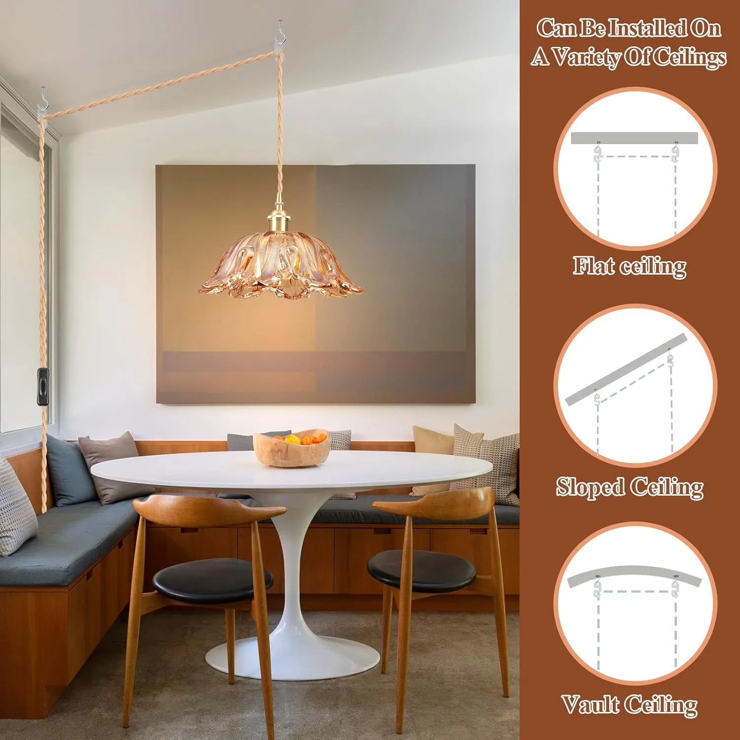 Plug in Pendant Light Fixtures,Hanging Light Fixture Amber Glass Pendant Light E26 Contains one 3000K Bulb Pendant Lighting for Kitchen Island, Bedroom, Dining Room, Living Room