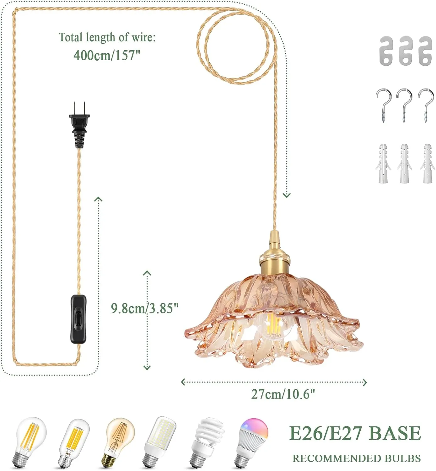 Plug in Pendant Light Fixtures,Hanging Light Fixture Amber Glass Pendant Light E26 Contains one 3000K Bulb Pendant Lighting for Kitchen Island, Bedroom, Dining Room, Living Room