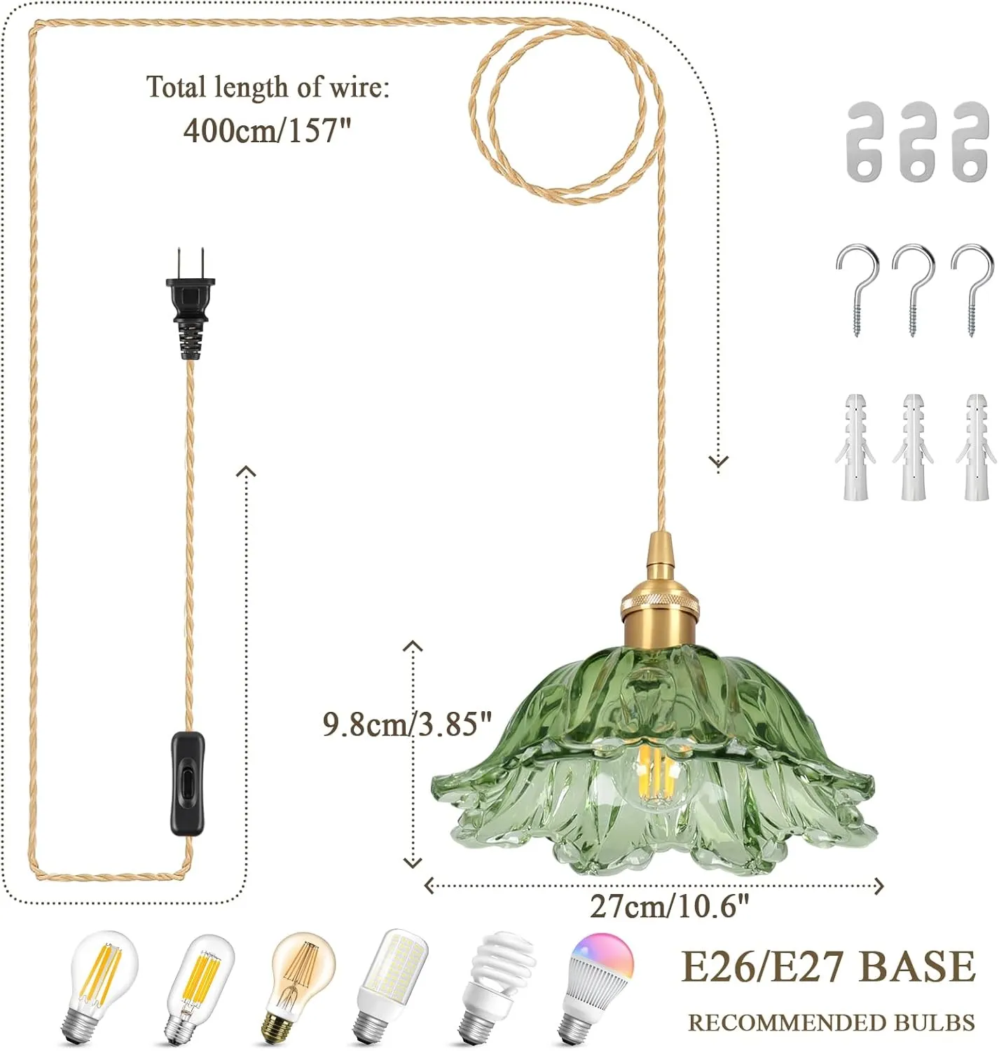 Plug in Pendant Light Fixtures,Hanging Light Fixture Corded On/Off Switch,E26 Contains one 3000K Bulb Green Glass Lampshade Pendant Lighting for Kitchen Island, Bedroom, Dining Room