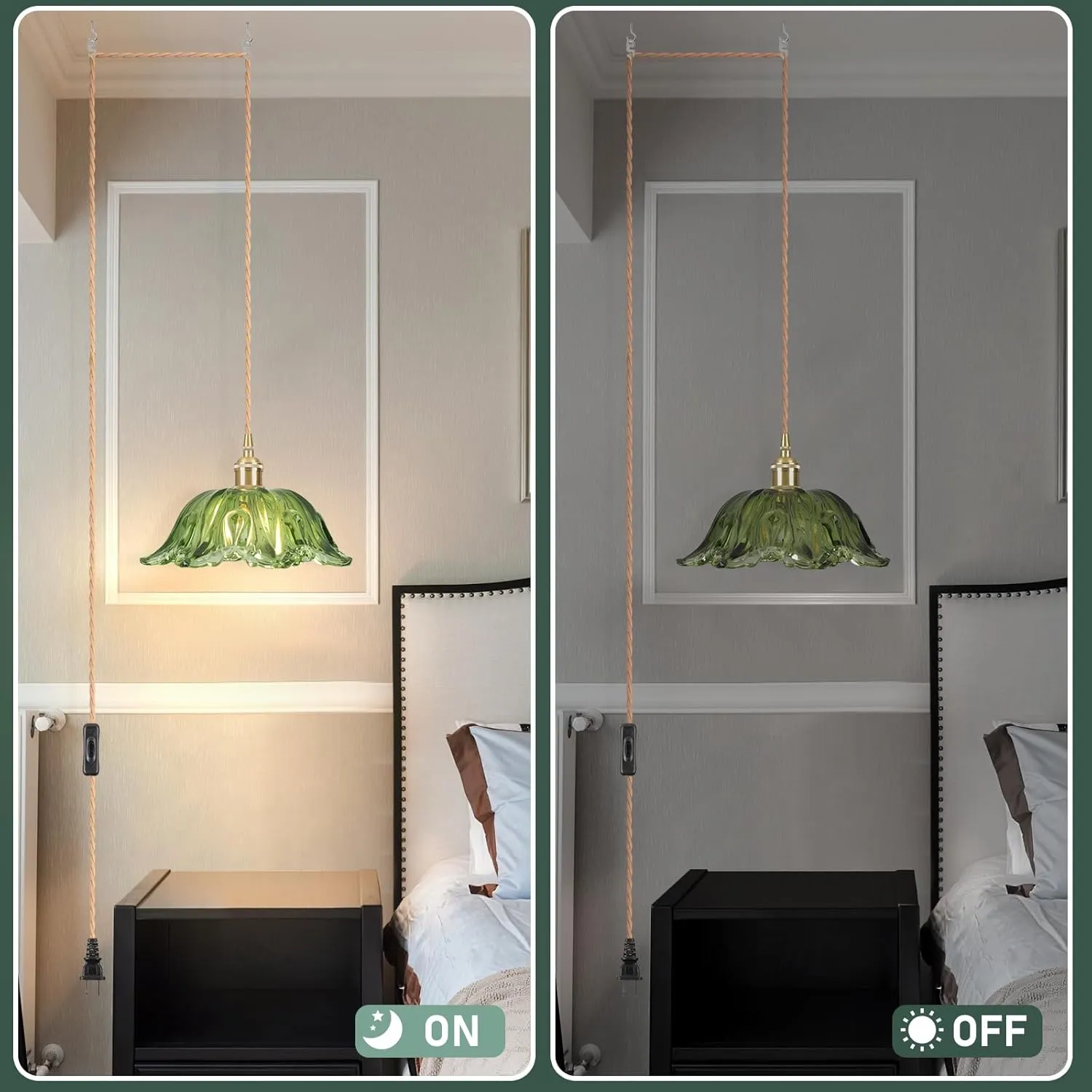 Plug in Pendant Light Fixtures,Hanging Light Fixture Corded On/Off Switch,E26 Contains one 3000K Bulb Green Glass Lampshade Pendant Lighting for Kitchen Island, Bedroom, Dining Room