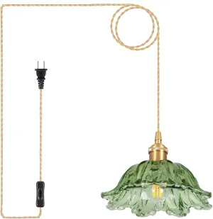 Plug in Pendant Light Fixtures,Hanging Light Fixture Corded On/Off Switch,E26 Contains one 3000K Bulb Green Glass Lampshade Pendant Lighting for Kitchen Island, Bedroom, Dining Room