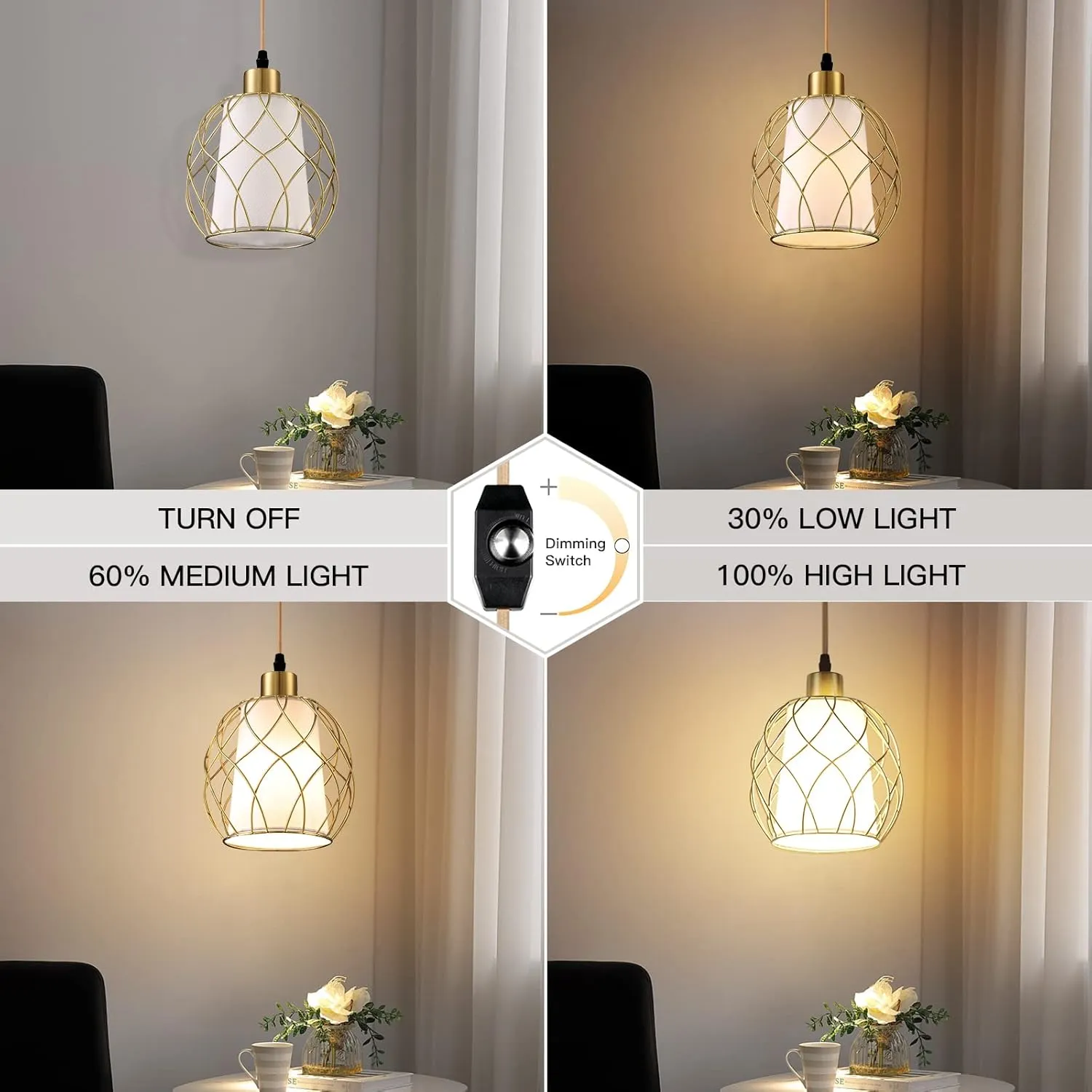 Plug in Pendant Light, Gold Hanging Lamp with Dimmable Switch, 15 ft Golden Cotton Cord, Hanging Light Fixture for Kitchen, Living Room, Bedroom (Bulb Included)
